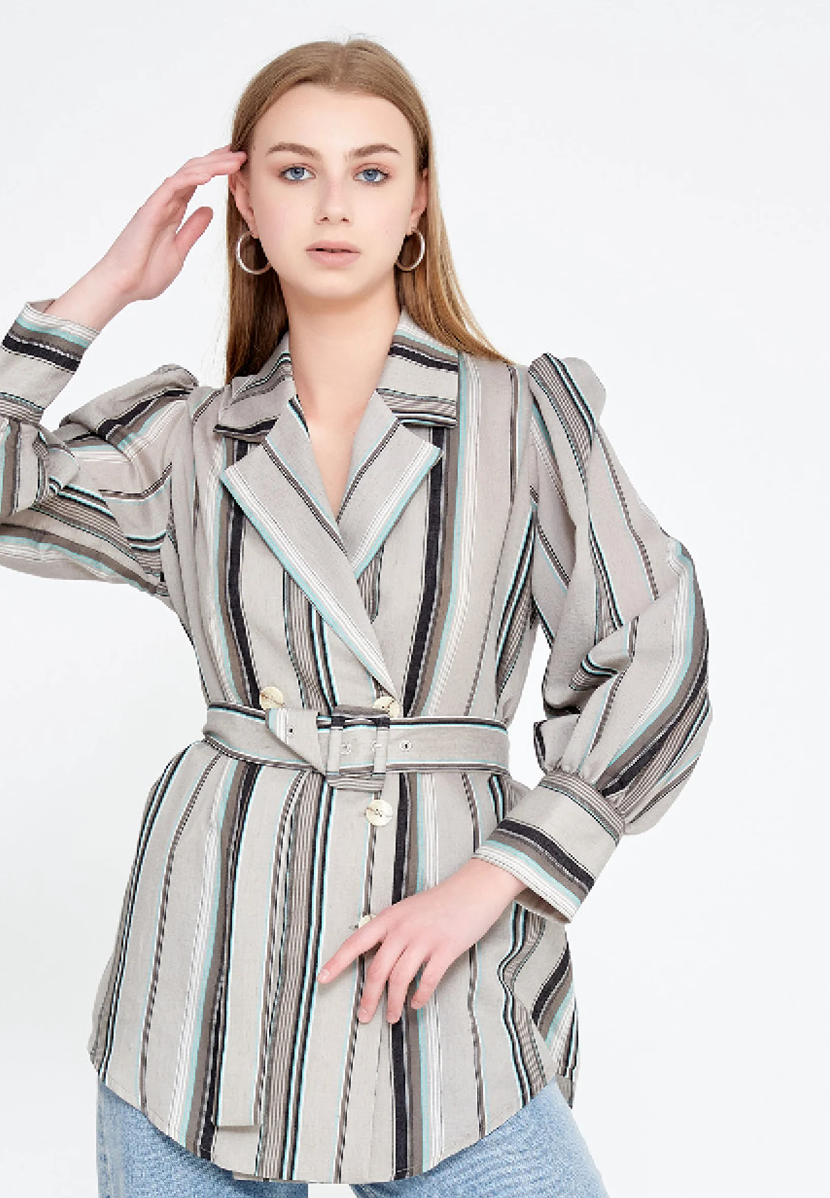 Long Sleeve Linen Striped Regular Jacket ber20y1102