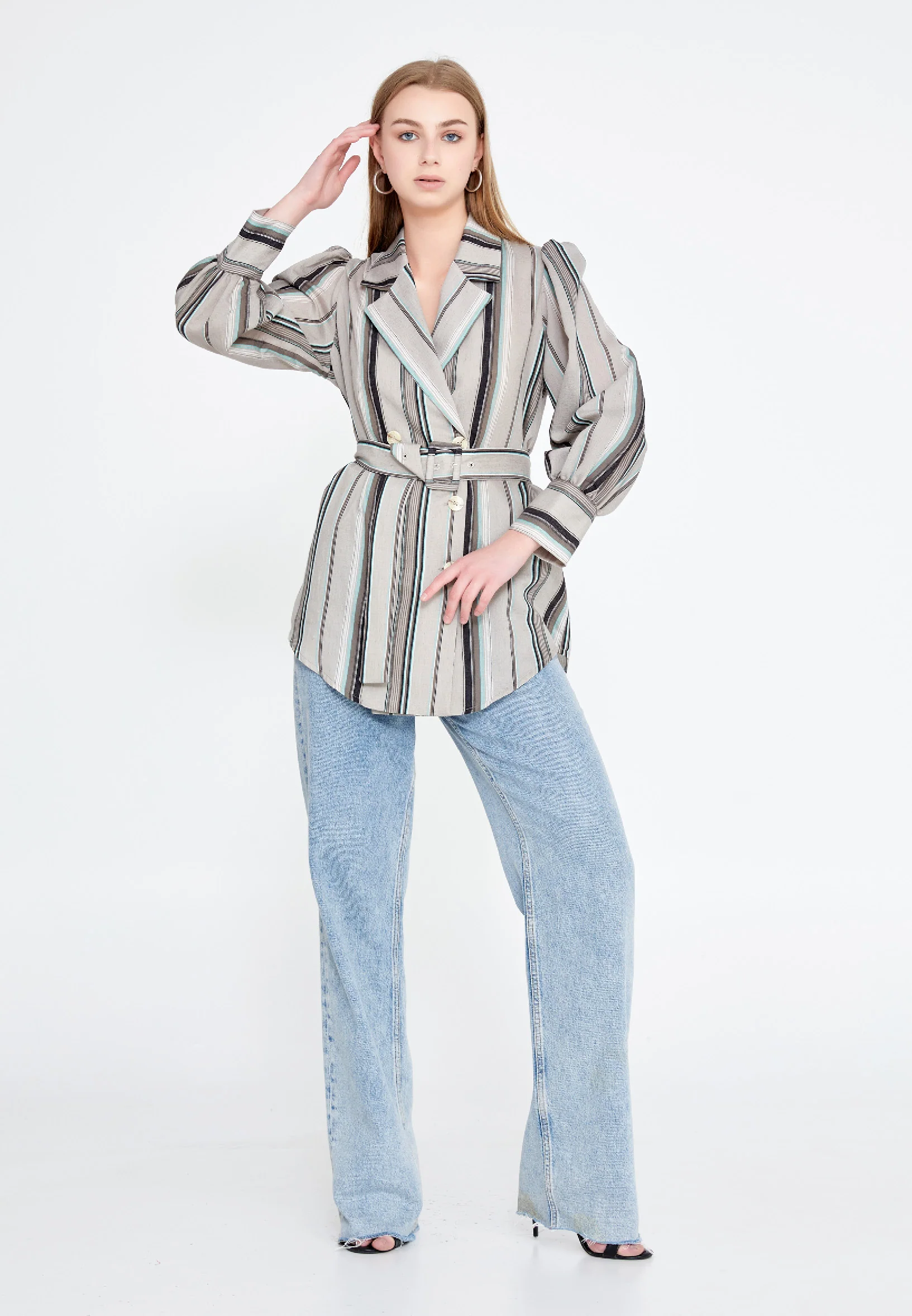 Long Sleeve Linen Striped Regular Jacket ber20y1102 - Image 2
