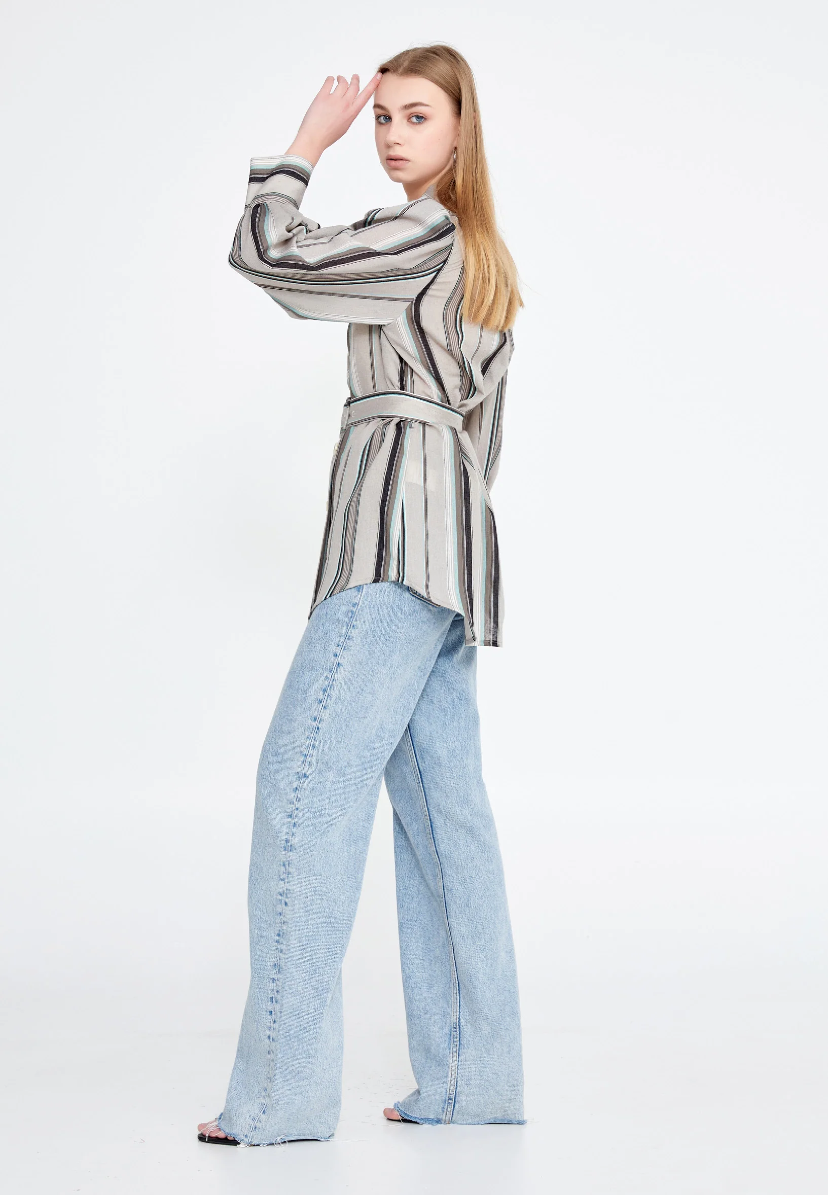 Long Sleeve Linen Striped Regular Jacket ber20y1102 - Image 3