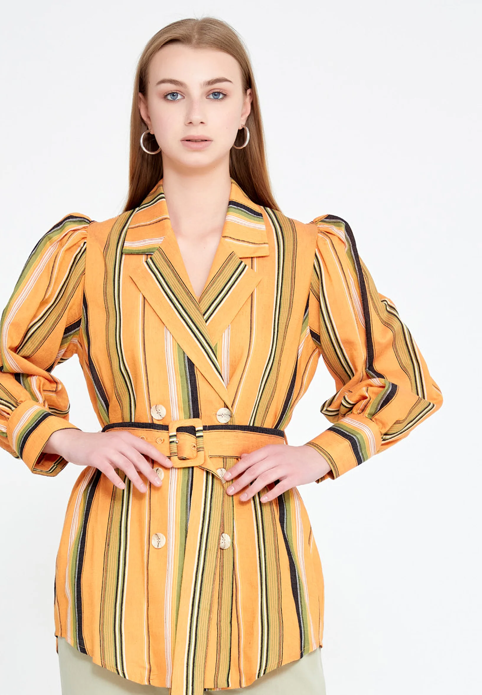 Long Sleeve Linen Striped Regular Jacket ber20y1102 - Image 5