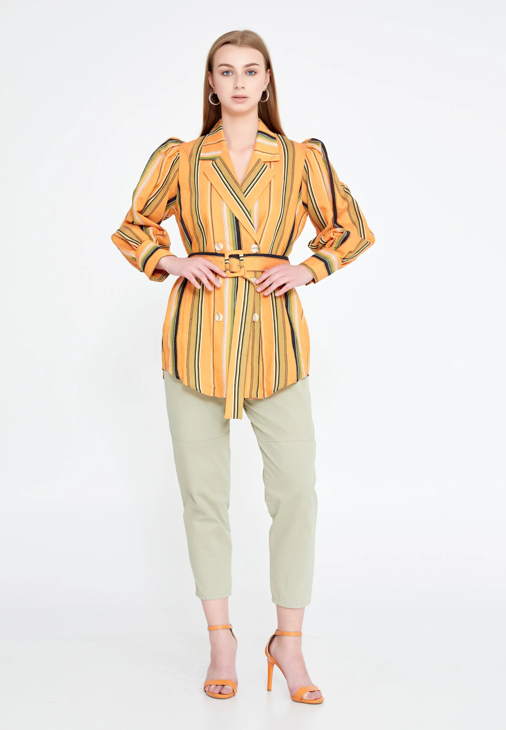 Long Sleeve Linen Striped Regular Jacket ber20y1102 - Image 6