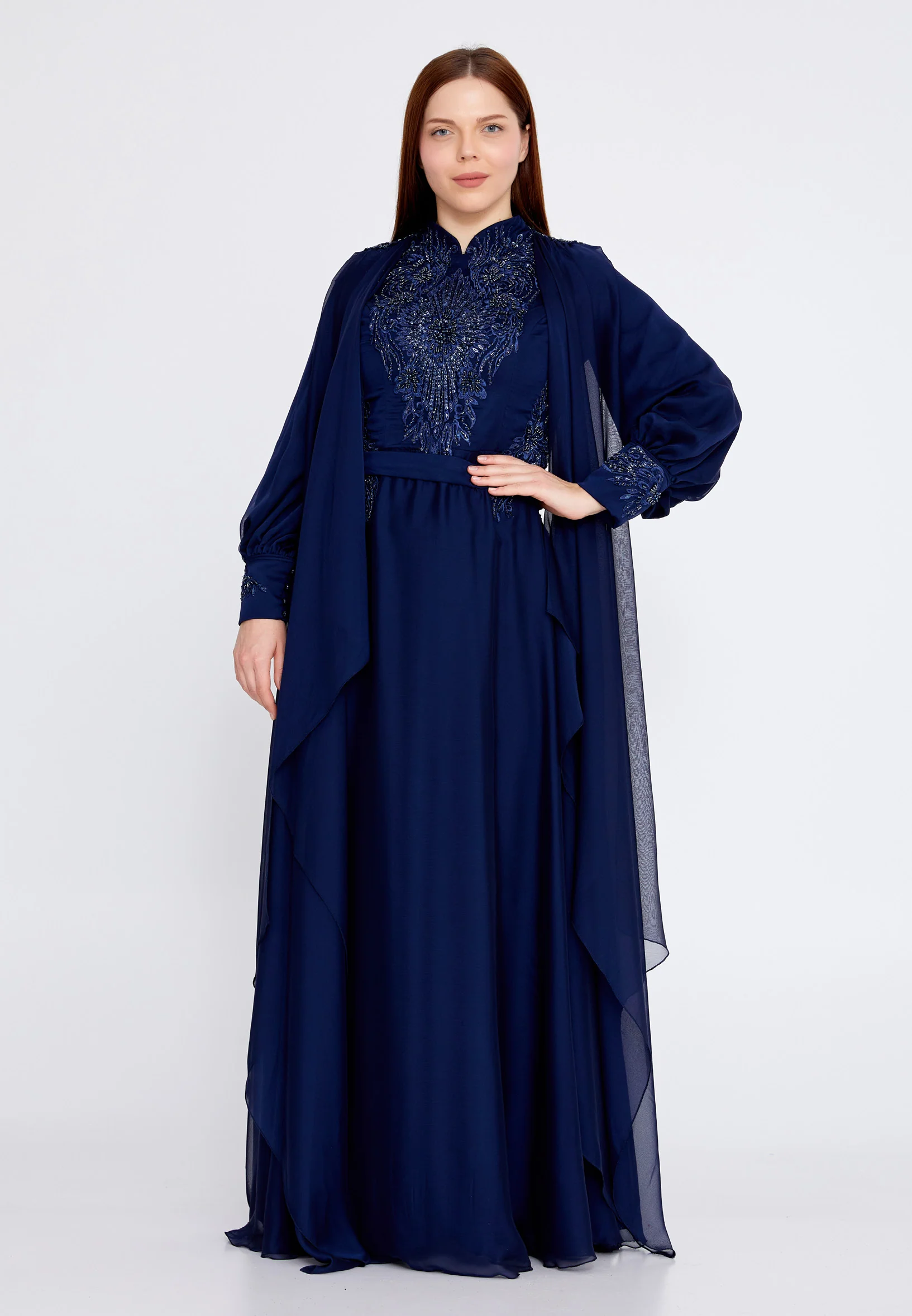 Long Sleeve Maxi Chiffon Column Plus Size Wedding Guest Dress eck9007-b - Image 13