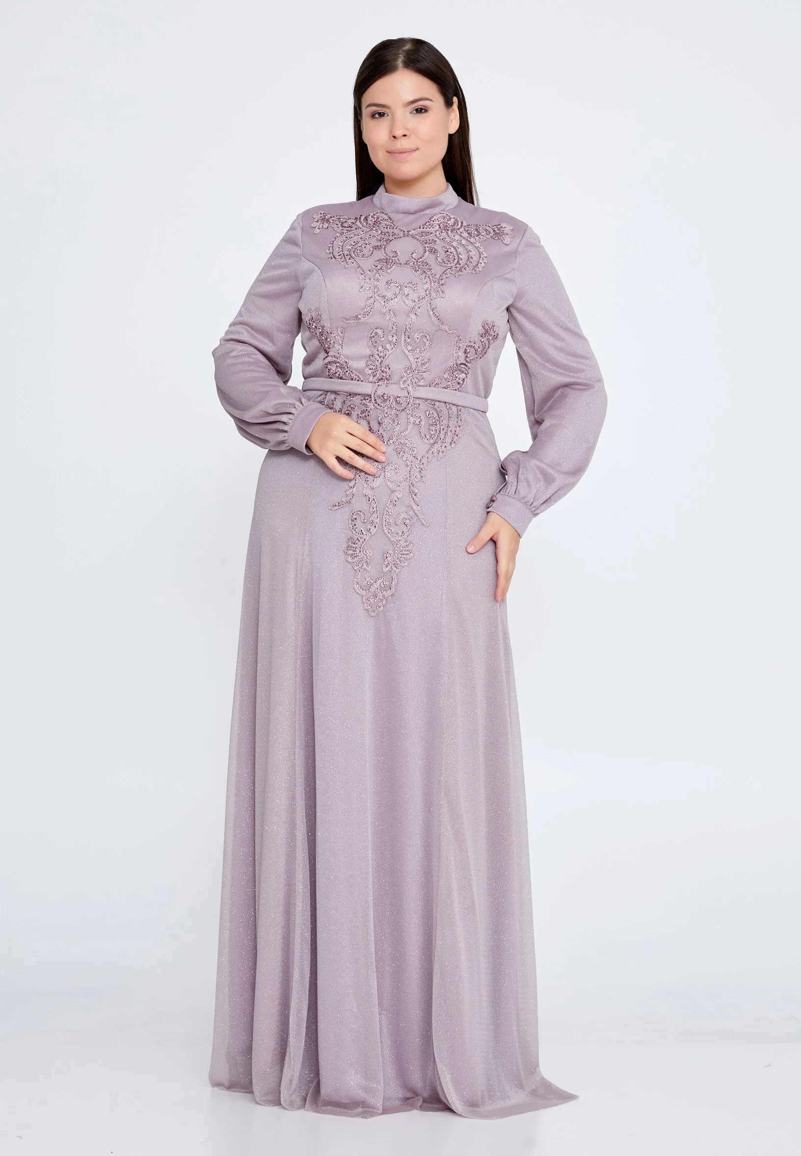Long Sleeve Maxi Chiffon Column Plus Size Wedding Guest Dress fvl2362-b - Image 13