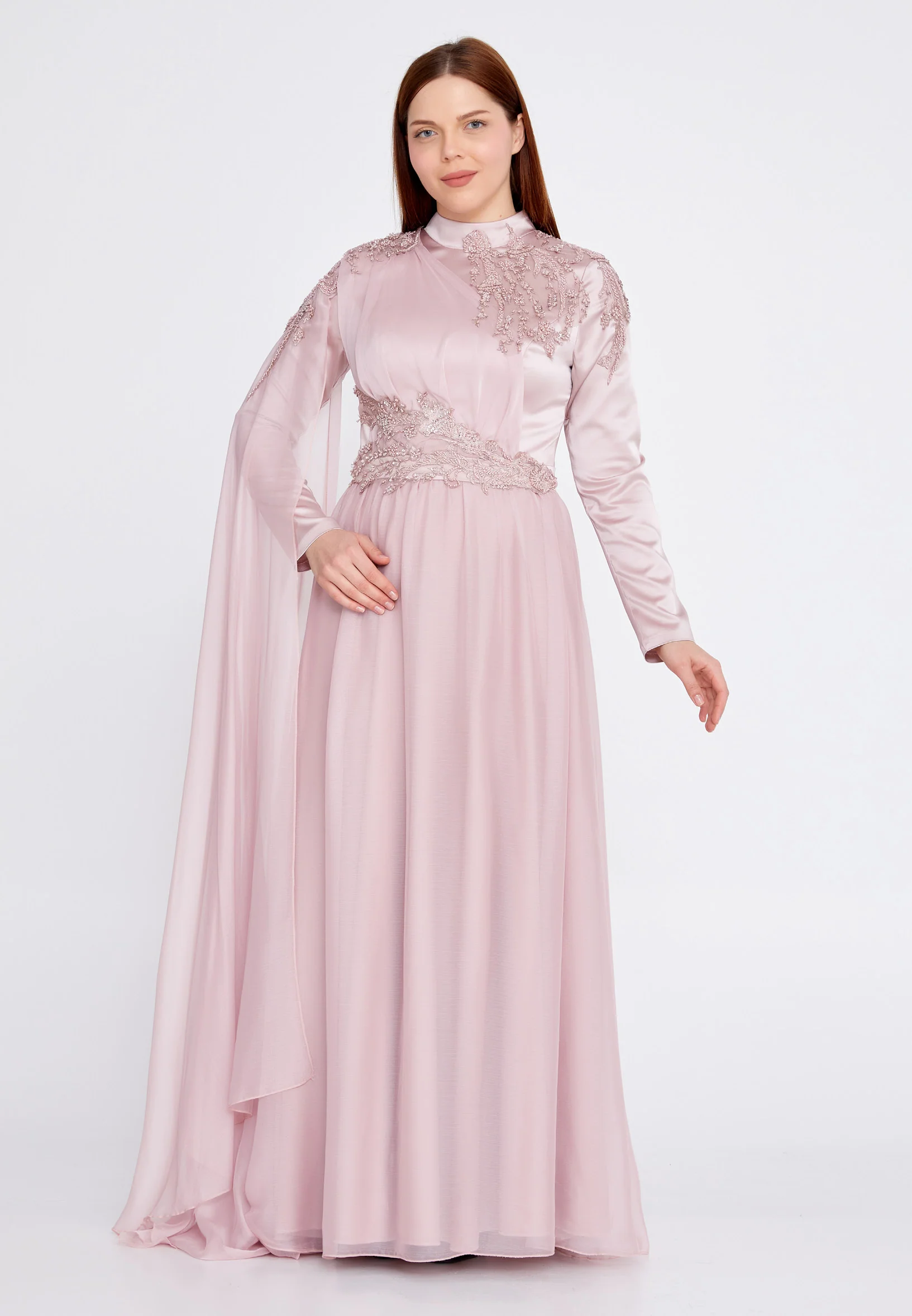 Long Sleeve Maxi Chiffon Column Plus Size Wedding Guest Dress gzk1011-1