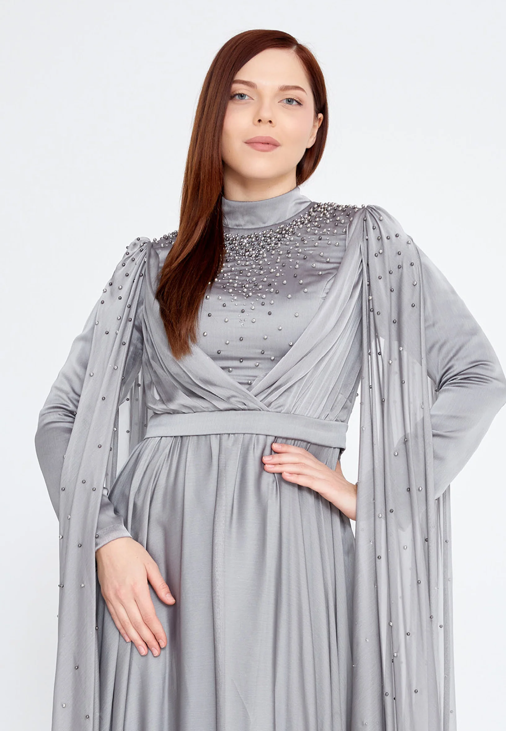 Long Sleeve Maxi Chiffon Column Plus Size Wedding Guest Dress gzk7012-1 - Image 8
