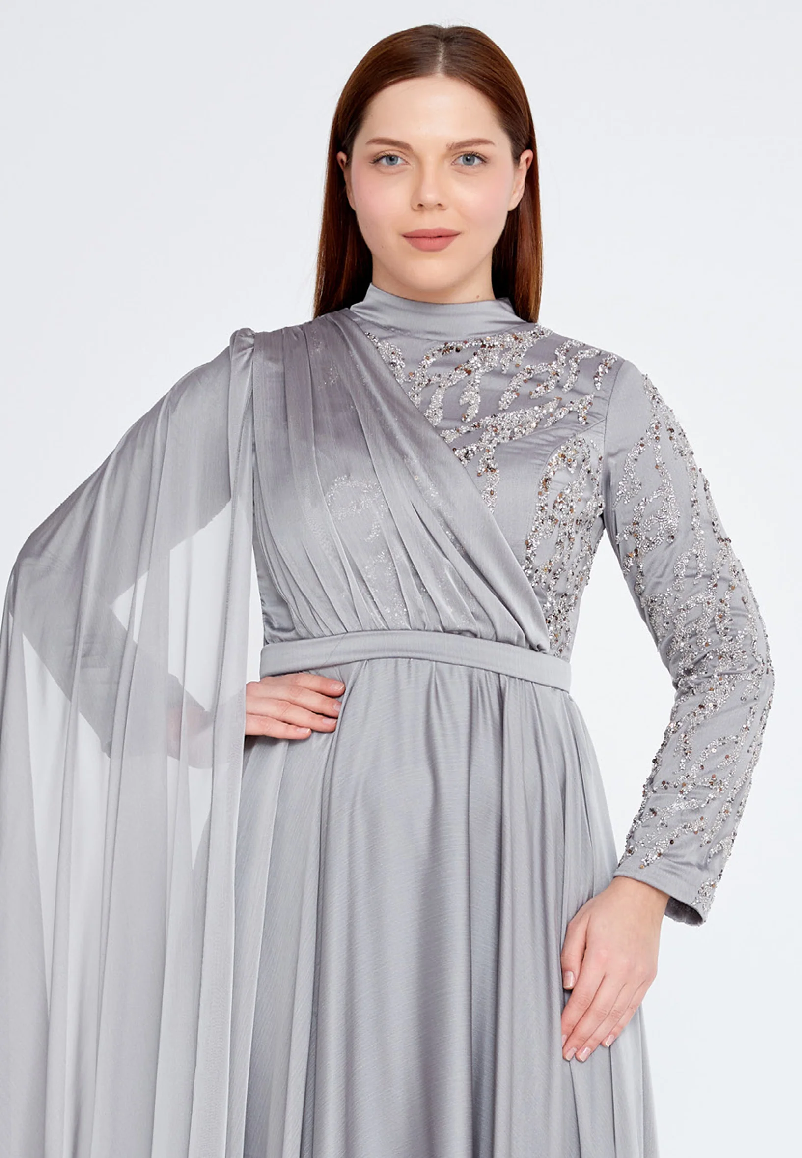 Long Sleeve Maxi Chiffon Column Plus Size Wedding Guest Dress gzk7019-1 - Image 12