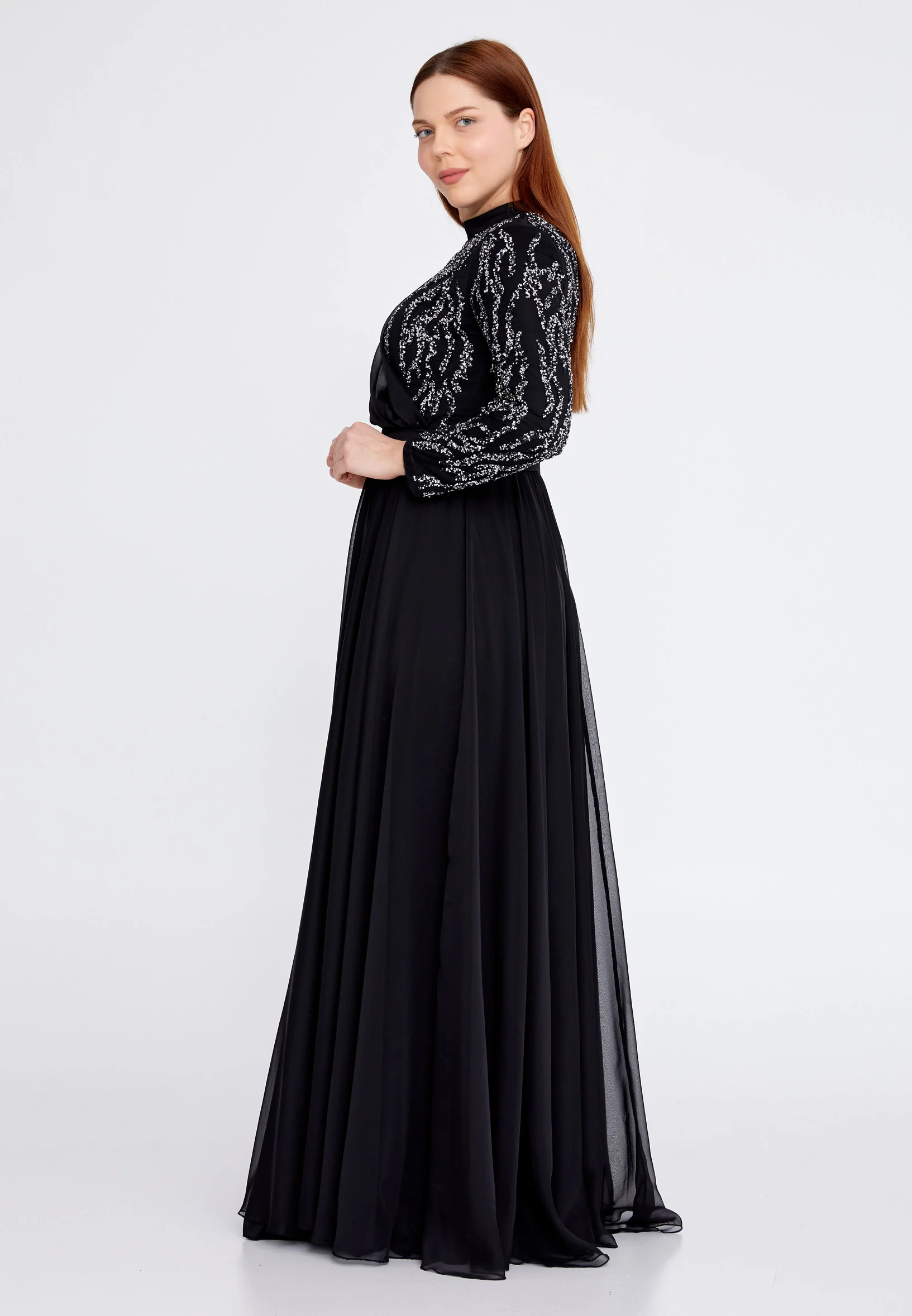 Long Sleeve Maxi Chiffon Column Plus Size Wedding Guest Dress gzk7019-1 - Image 3