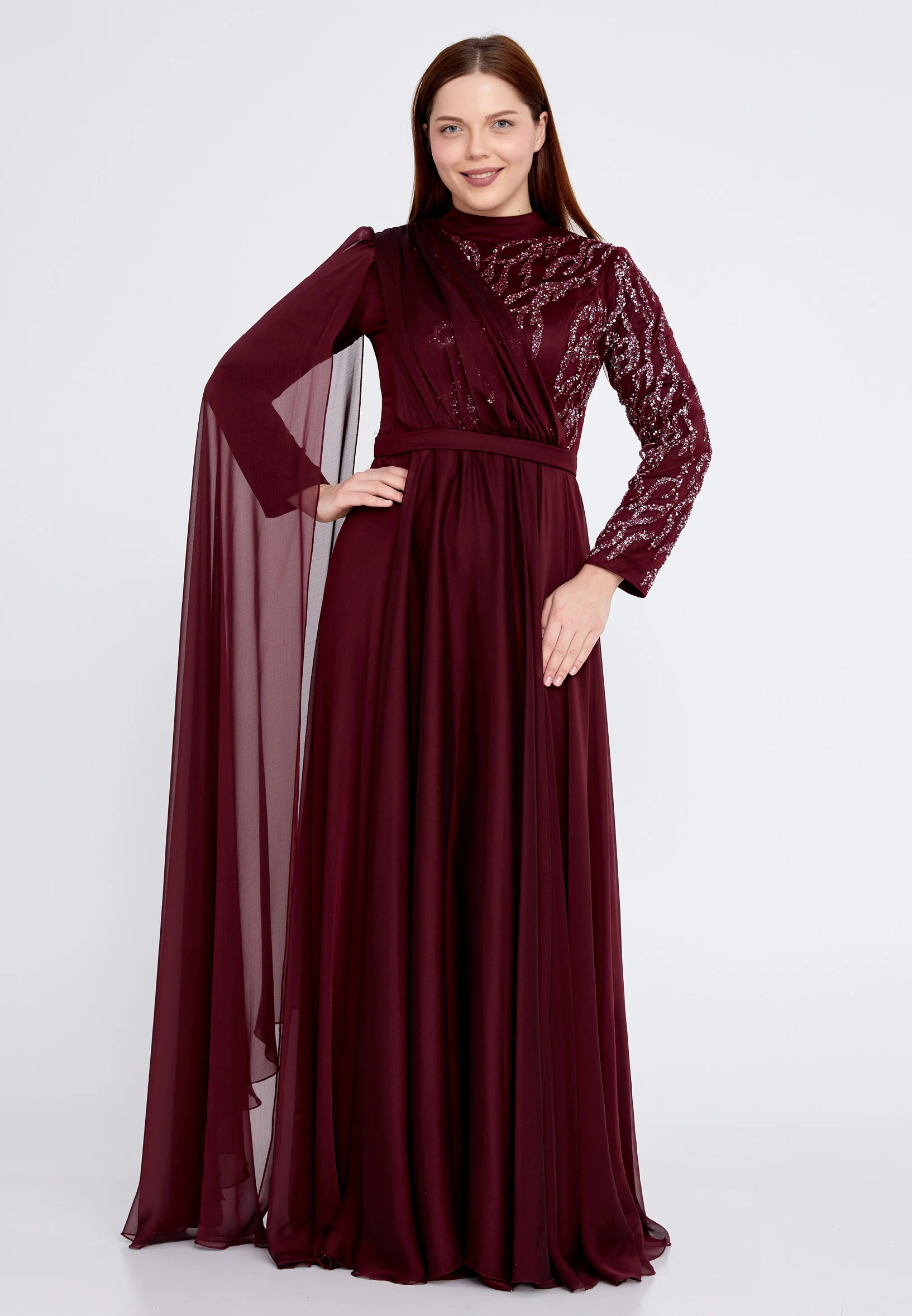 Long Sleeve Maxi Chiffon Column Plus Size Wedding Guest Dress gzk7019-1 - Image 5