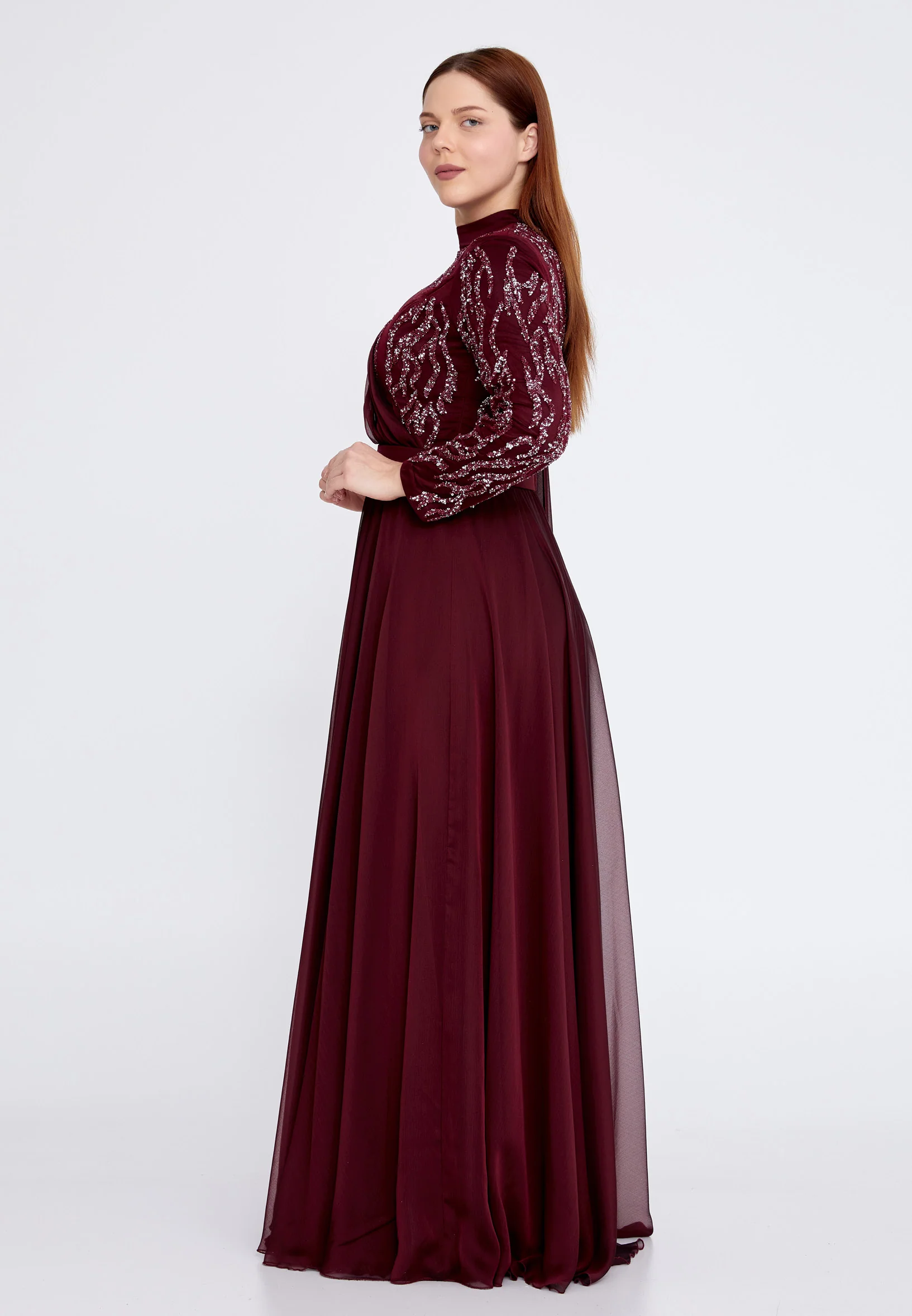 Long Sleeve Maxi Chiffon Column Plus Size Wedding Guest Dress gzk7019-1 - Image 7
