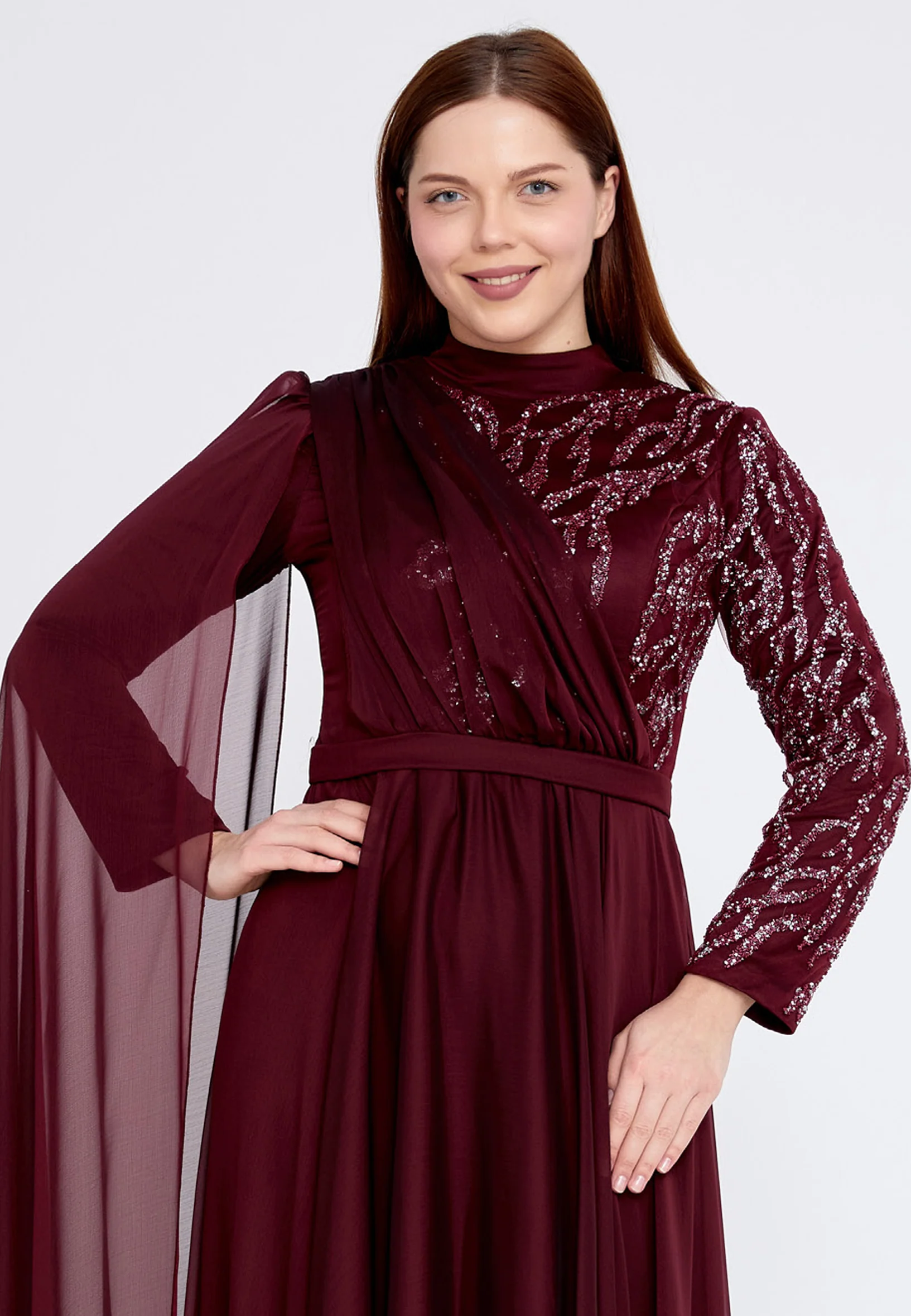 Long Sleeve Maxi Chiffon Column Plus Size Wedding Guest Dress gzk7019-1 - Image 8