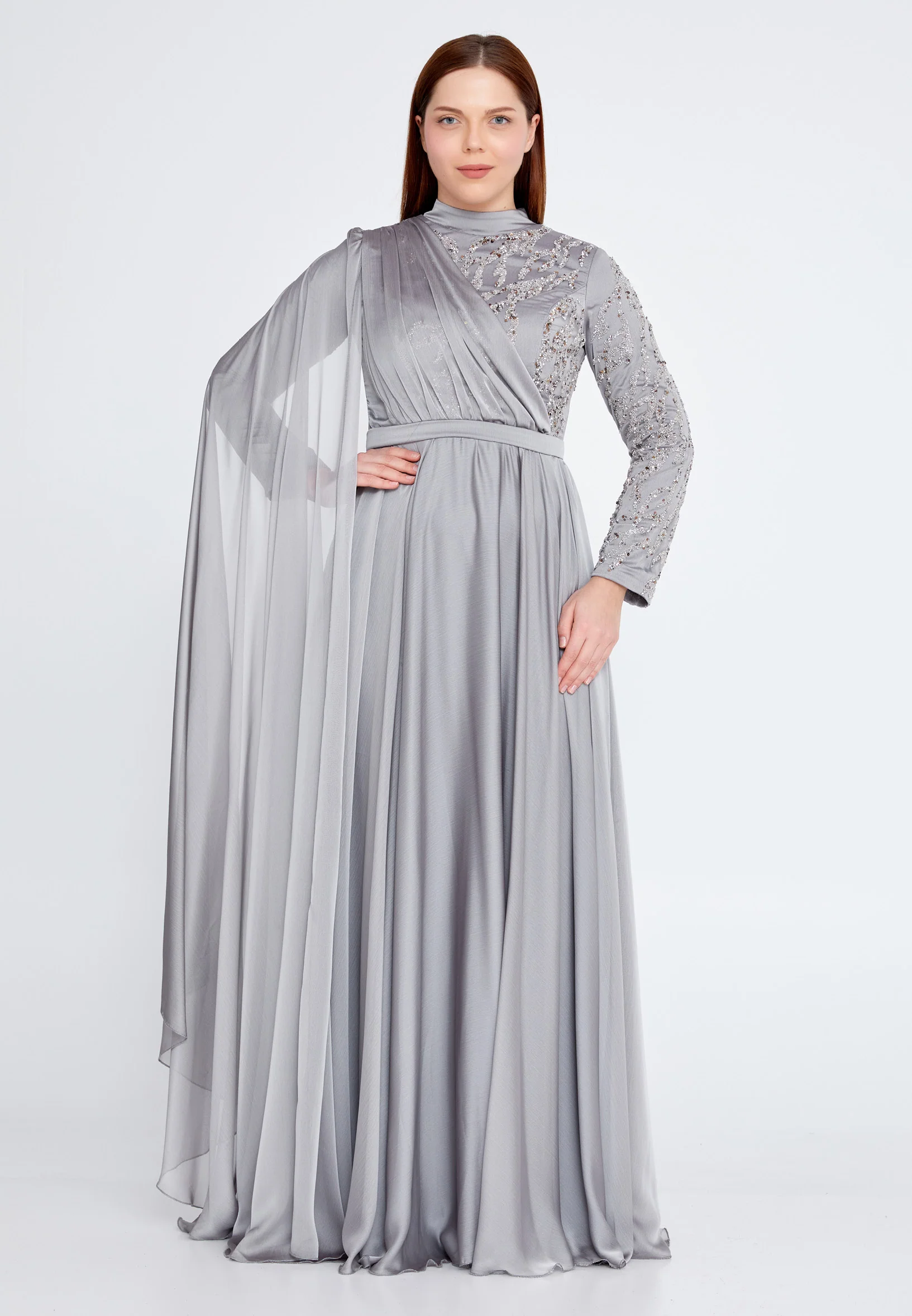 Long Sleeve Maxi Chiffon Column Plus Size Wedding Guest Dress gzk7019-1 - Image 9