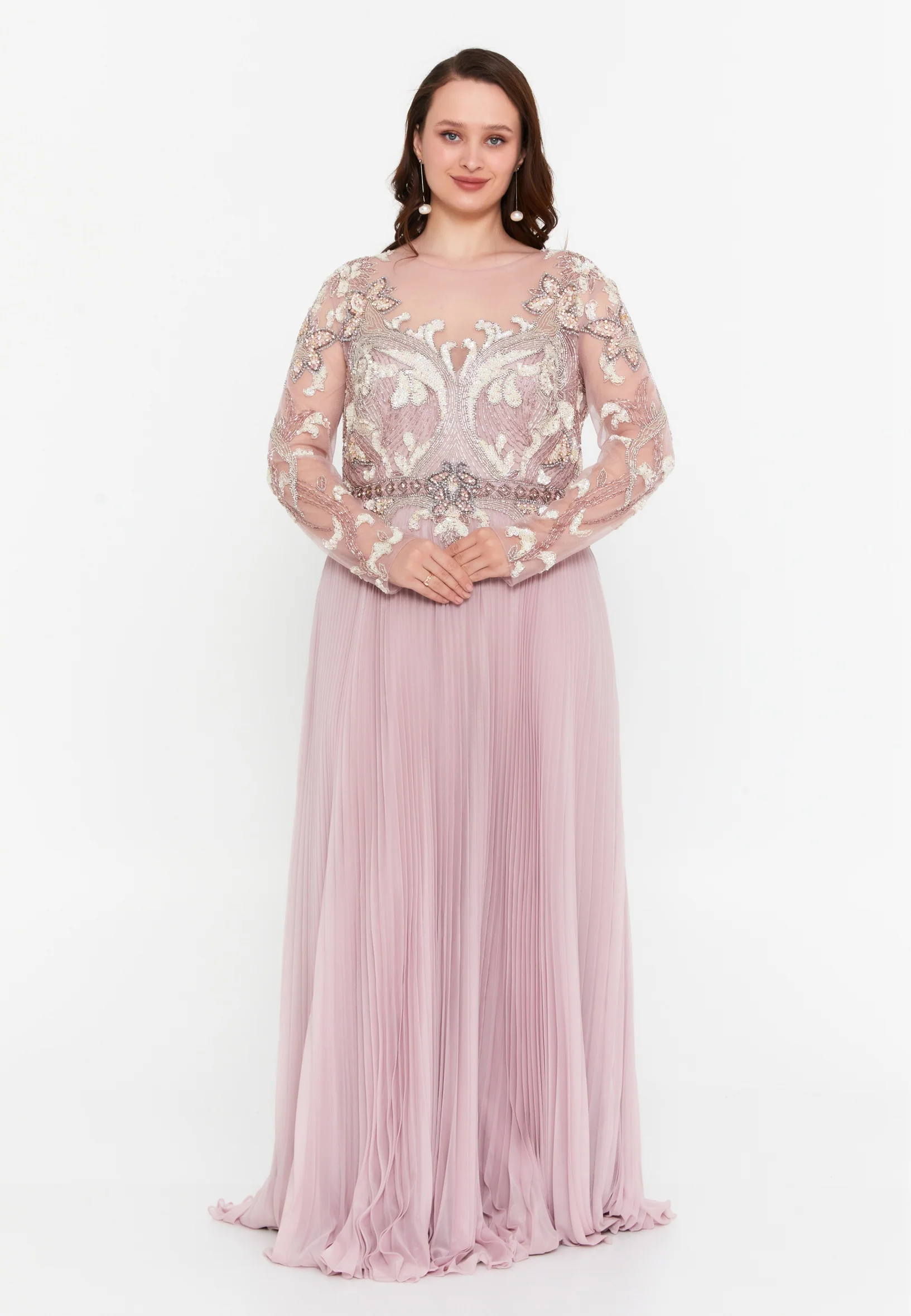 Long Sleeve Maxi Chiffon Column Plus Size Wedding Guest Dress mtc15513