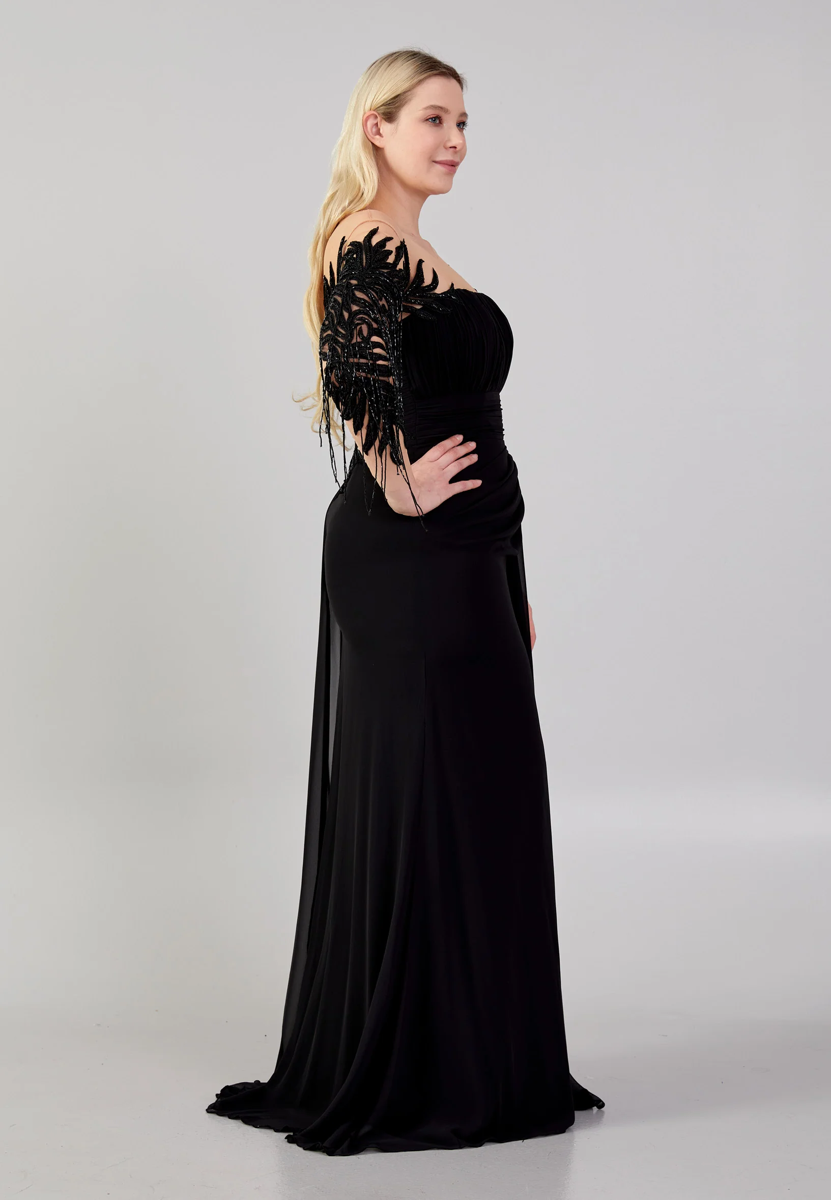 Long Sleeve Maxi Chiffon Column Plus Size Wedding Guest Dress omn631-b - Image 3