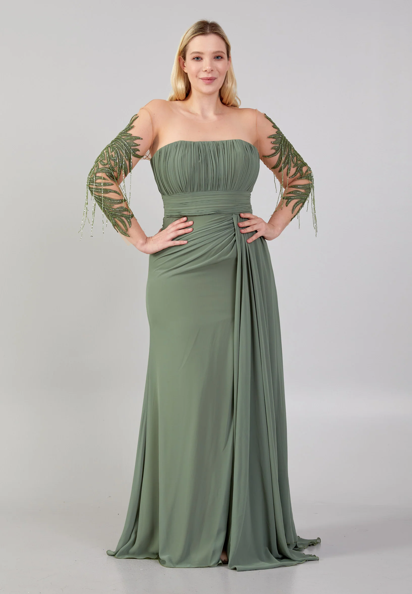 Long Sleeve Maxi Chiffon Column Plus Size Wedding Guest Dress omn631-b - Image 5