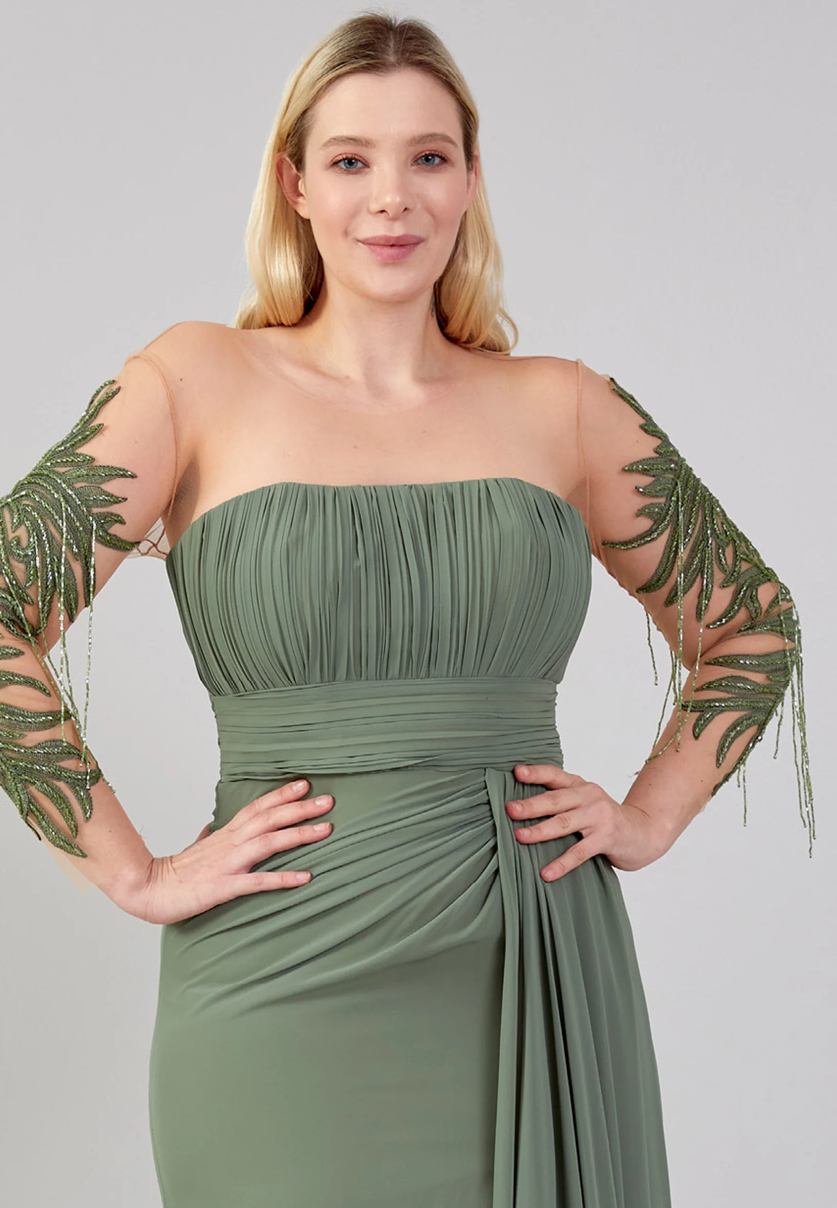 Long Sleeve Maxi Chiffon Column Plus Size Wedding Guest Dress omn631-b - Image 8