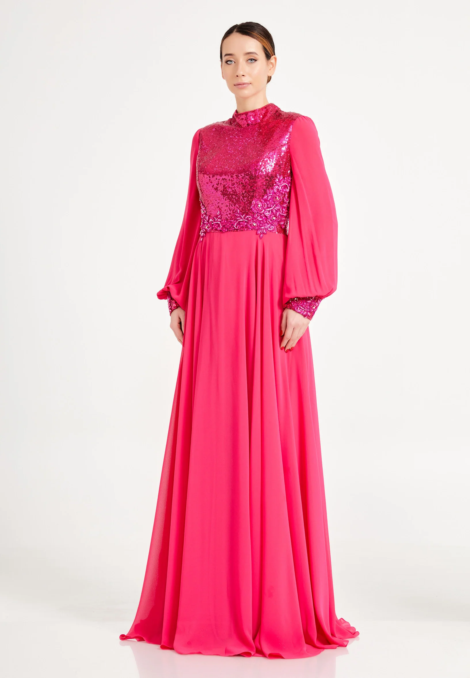 Long Sleeve Maxi Chiffon Column Regular Prom Dress fcv8042 - Image 3