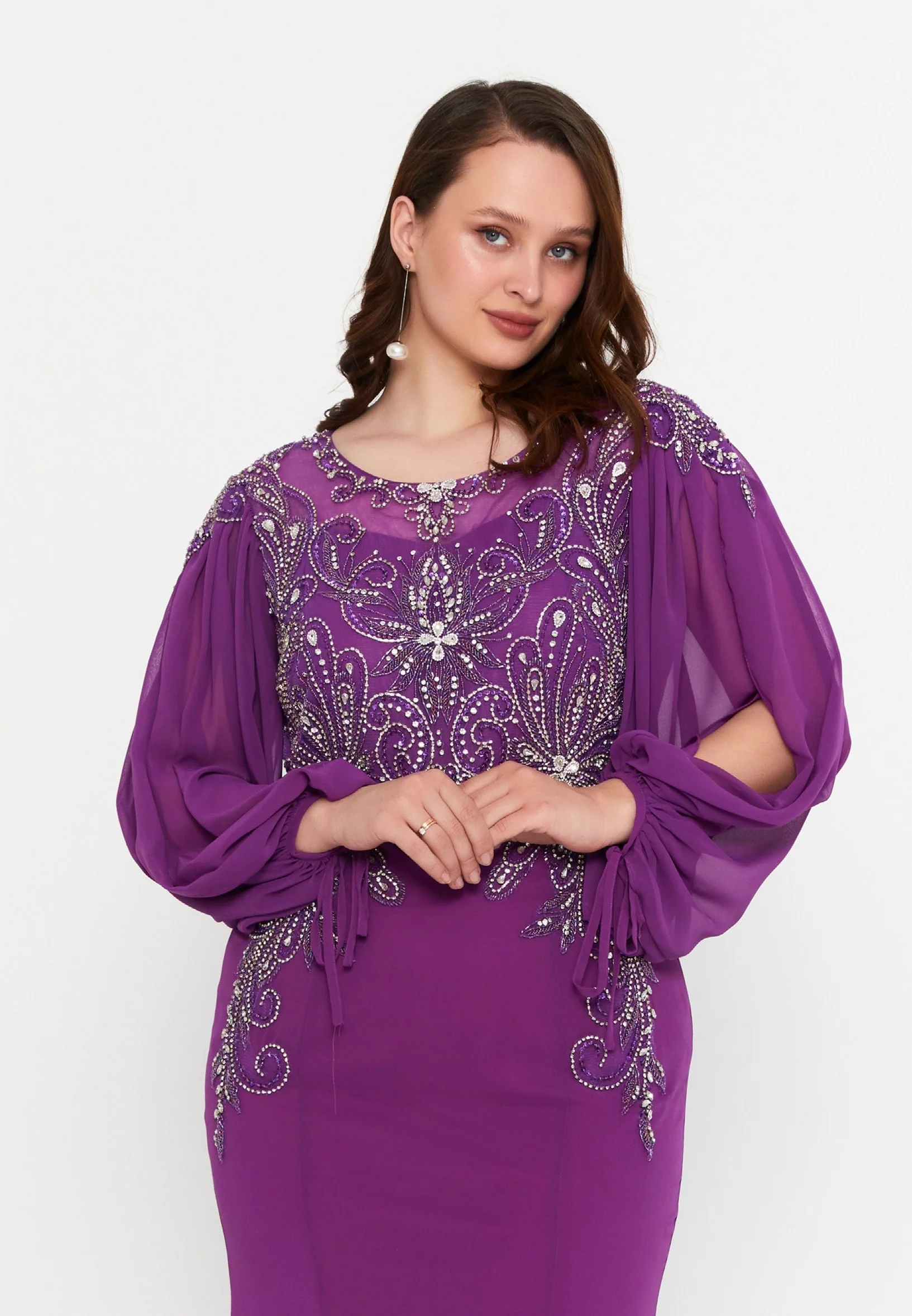 Long Sleeve Maxi Chiffon Mermaid Plus Size Wedding Guest Dress mtcmt004 - Image 4