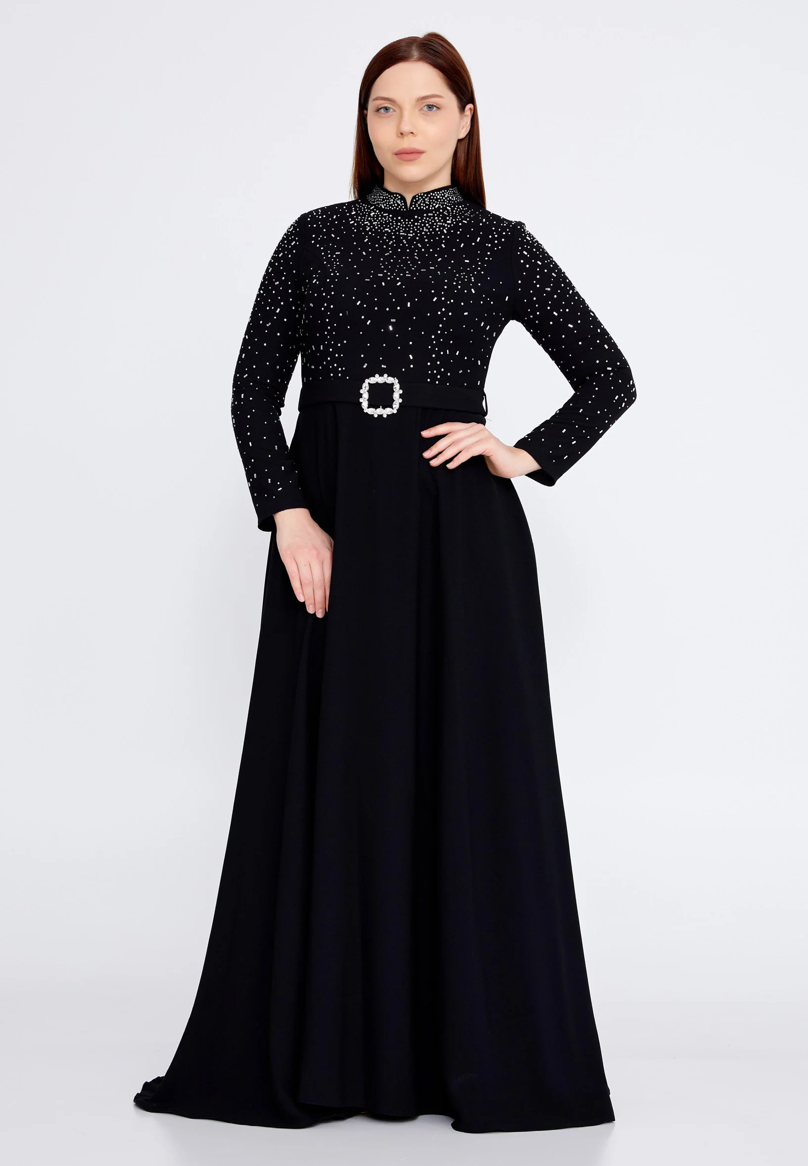 Long Sleeve Maxi Crepe Column Plus Size Wedding Guest Dress leq2206