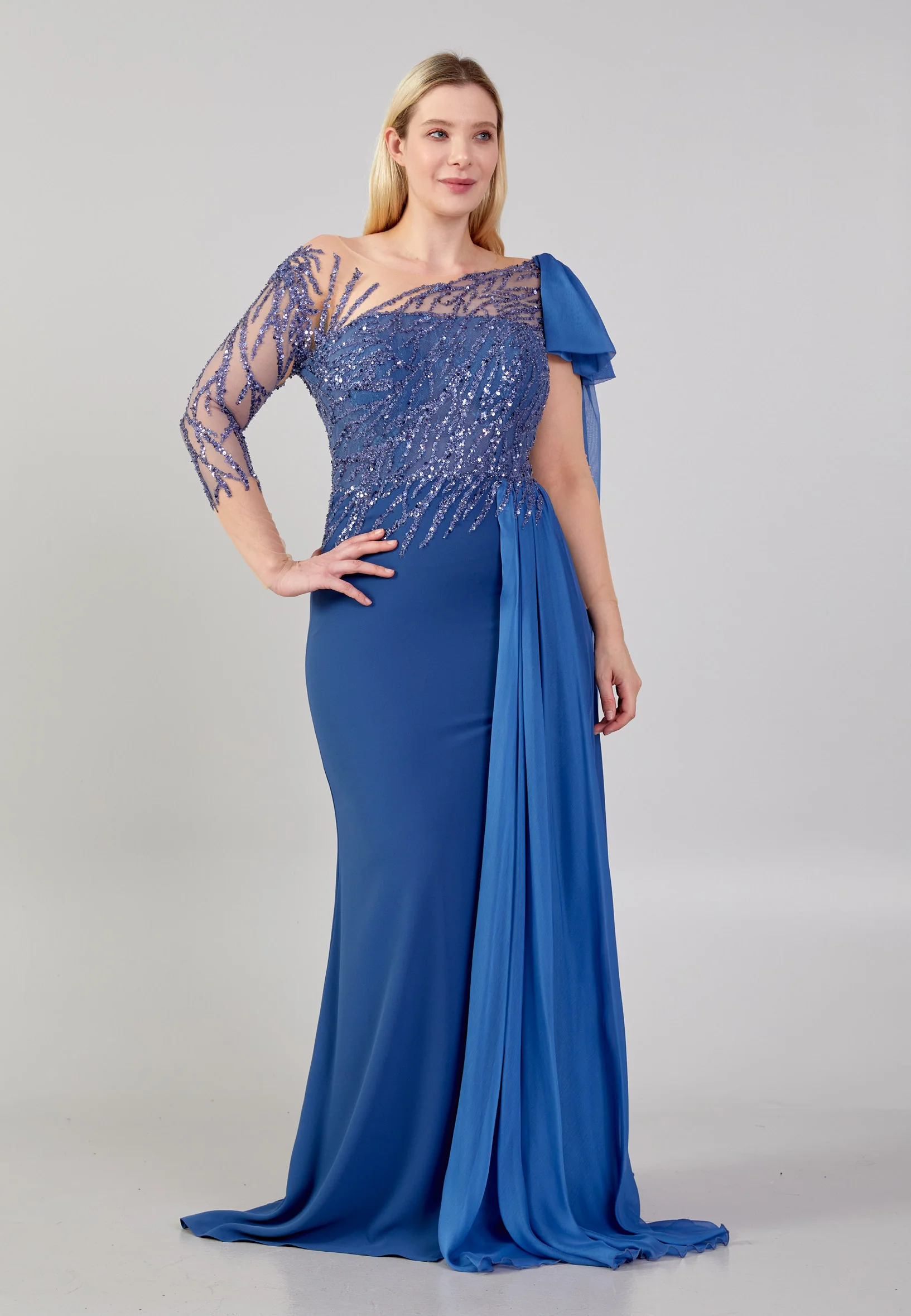 Long Sleeve Maxi Crepe Column Plus Size Wedding Guest Dress omn624-b