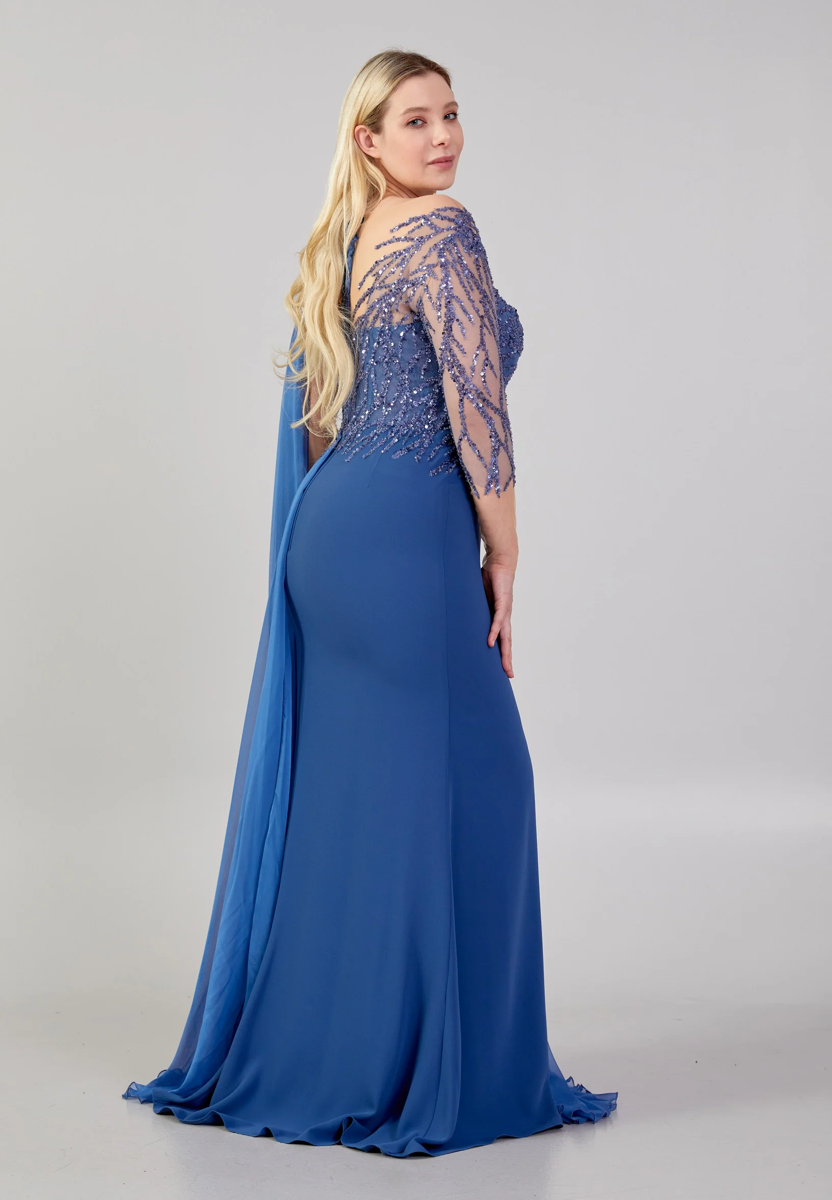 Long Sleeve Maxi Crepe Column Plus Size Wedding Guest Dress omn624-b - Image 3