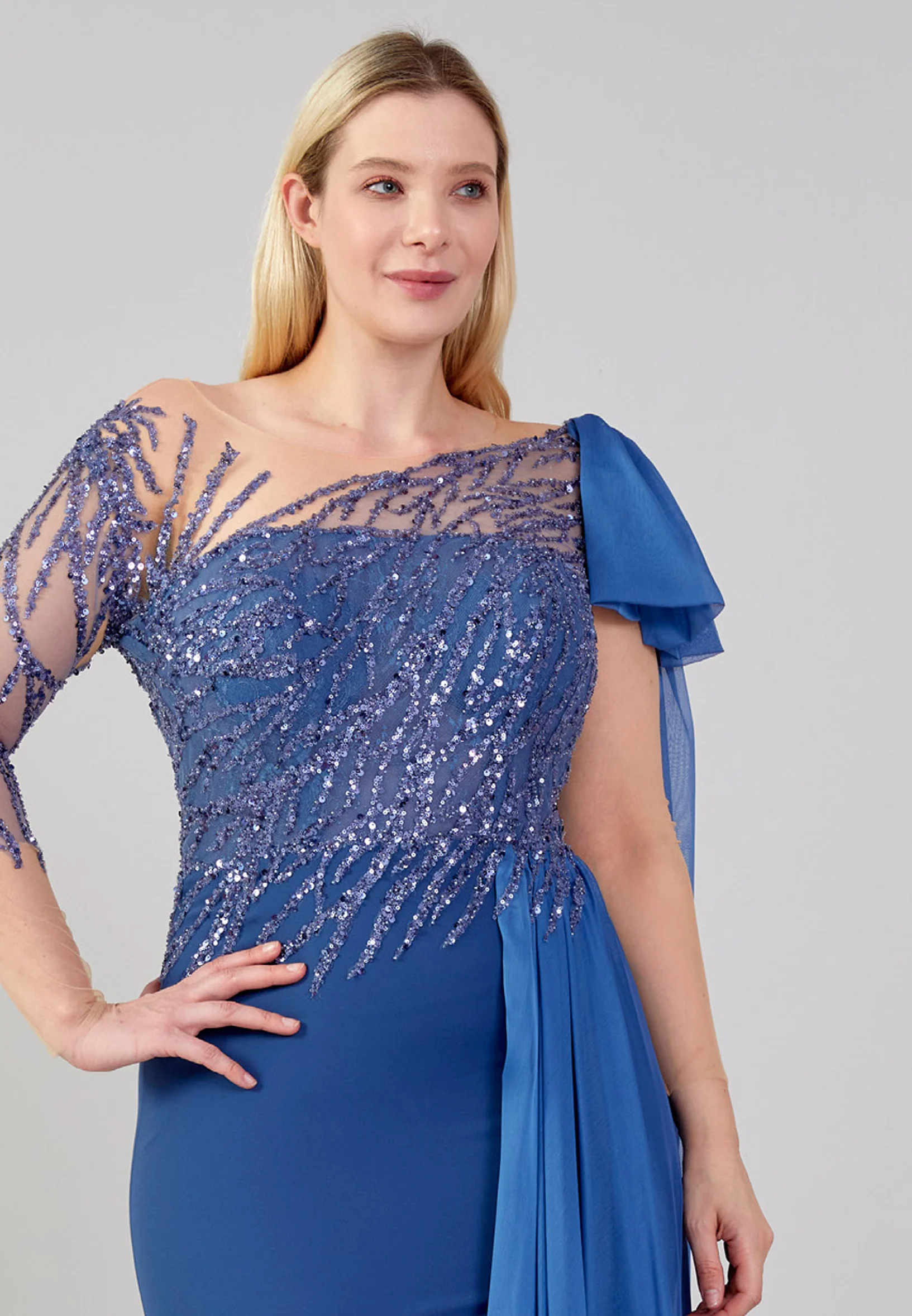 Long Sleeve Maxi Crepe Column Plus Size Wedding Guest Dress omn624-b - Image 4