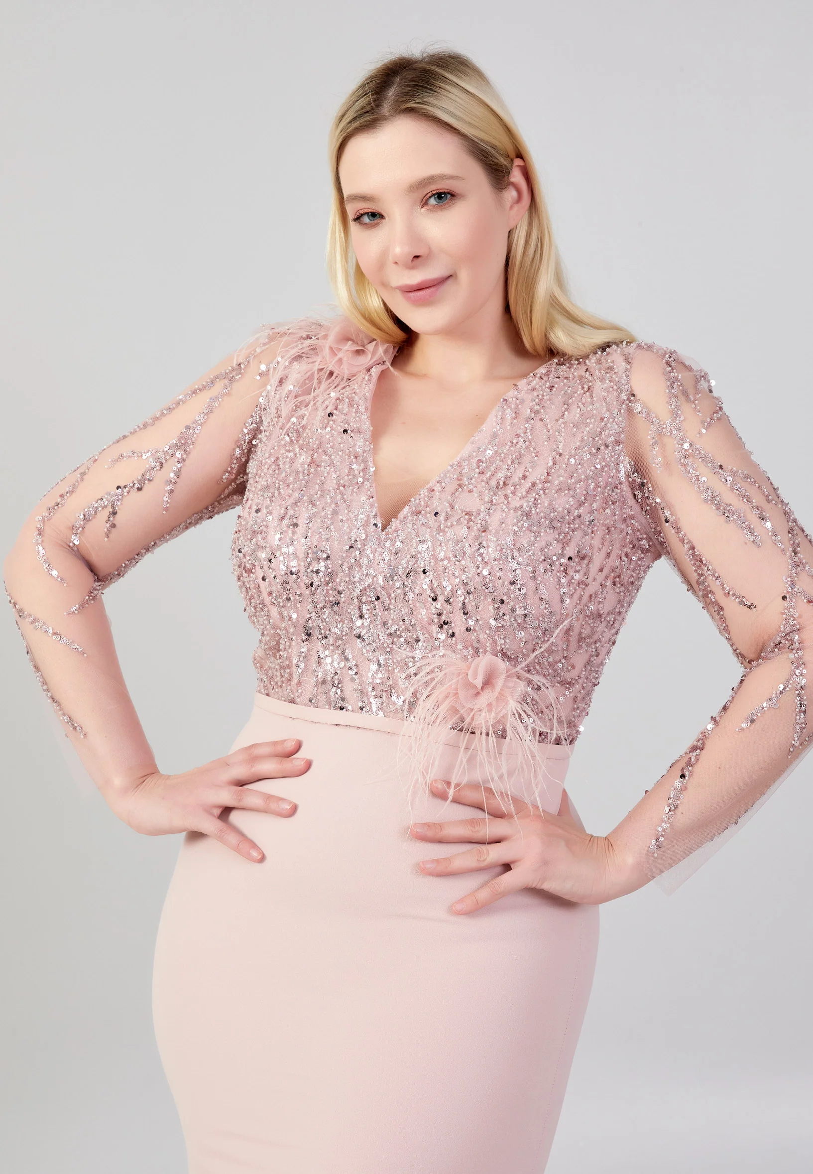 Long Sleeve Maxi Crepe Column Plus Size Wedding Guest Dress omn681 - Image 6