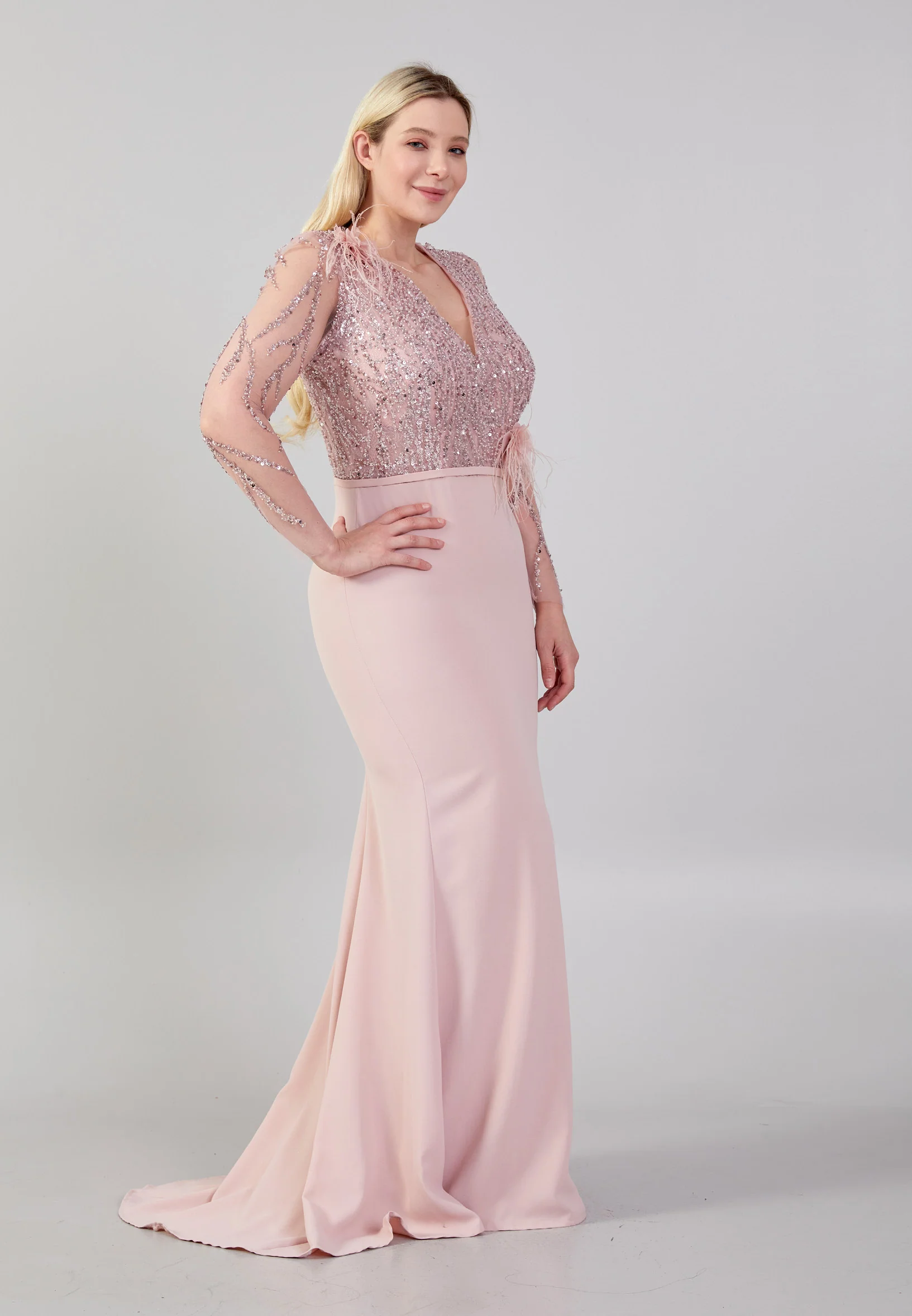 Long Sleeve Maxi Crepe Column Plus Size Wedding Guest Dress omn681 - Image 8