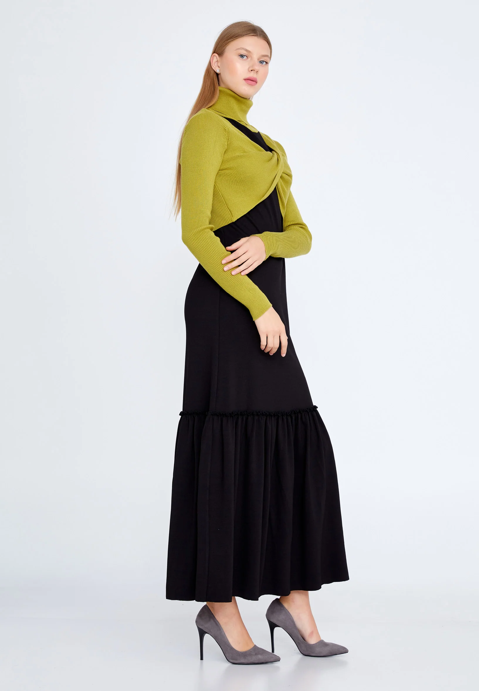 Long Sleeve Maxi Crepe Column Regular Casual Dress huk2308 - Image 3
