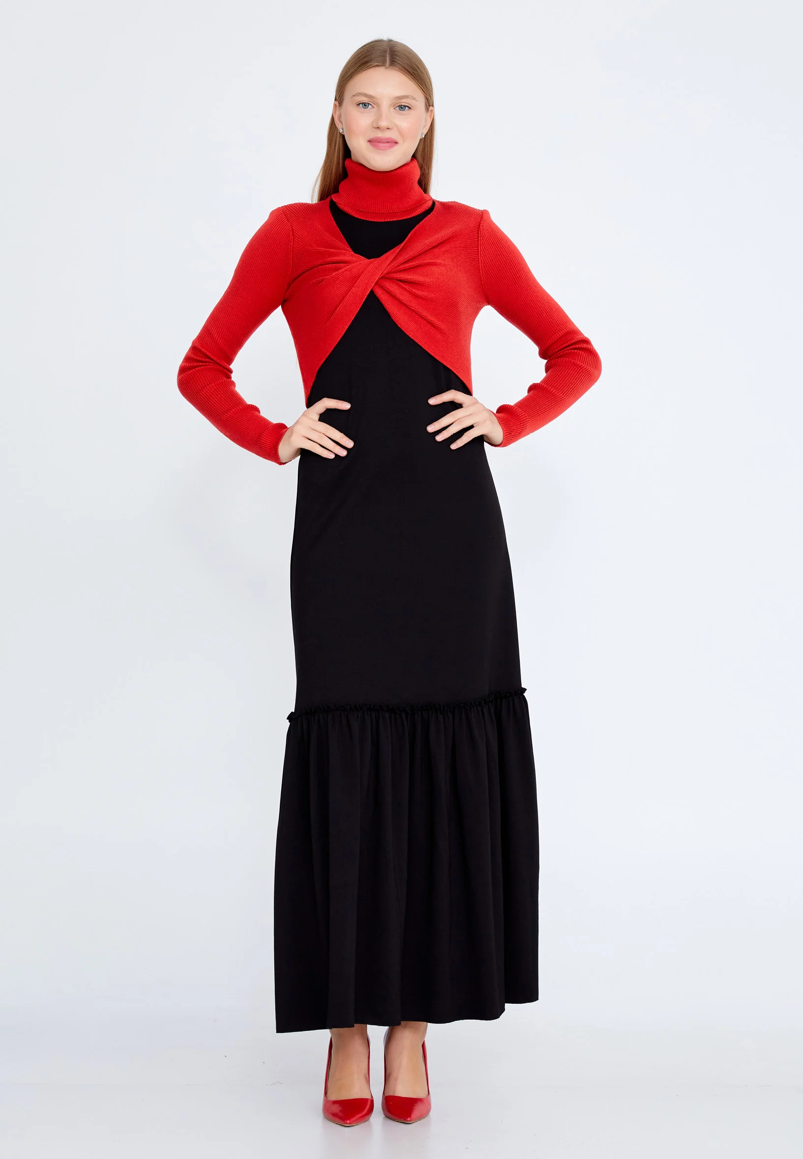Long Sleeve Maxi Crepe Column Regular Casual Dress huk2308 - Image 5