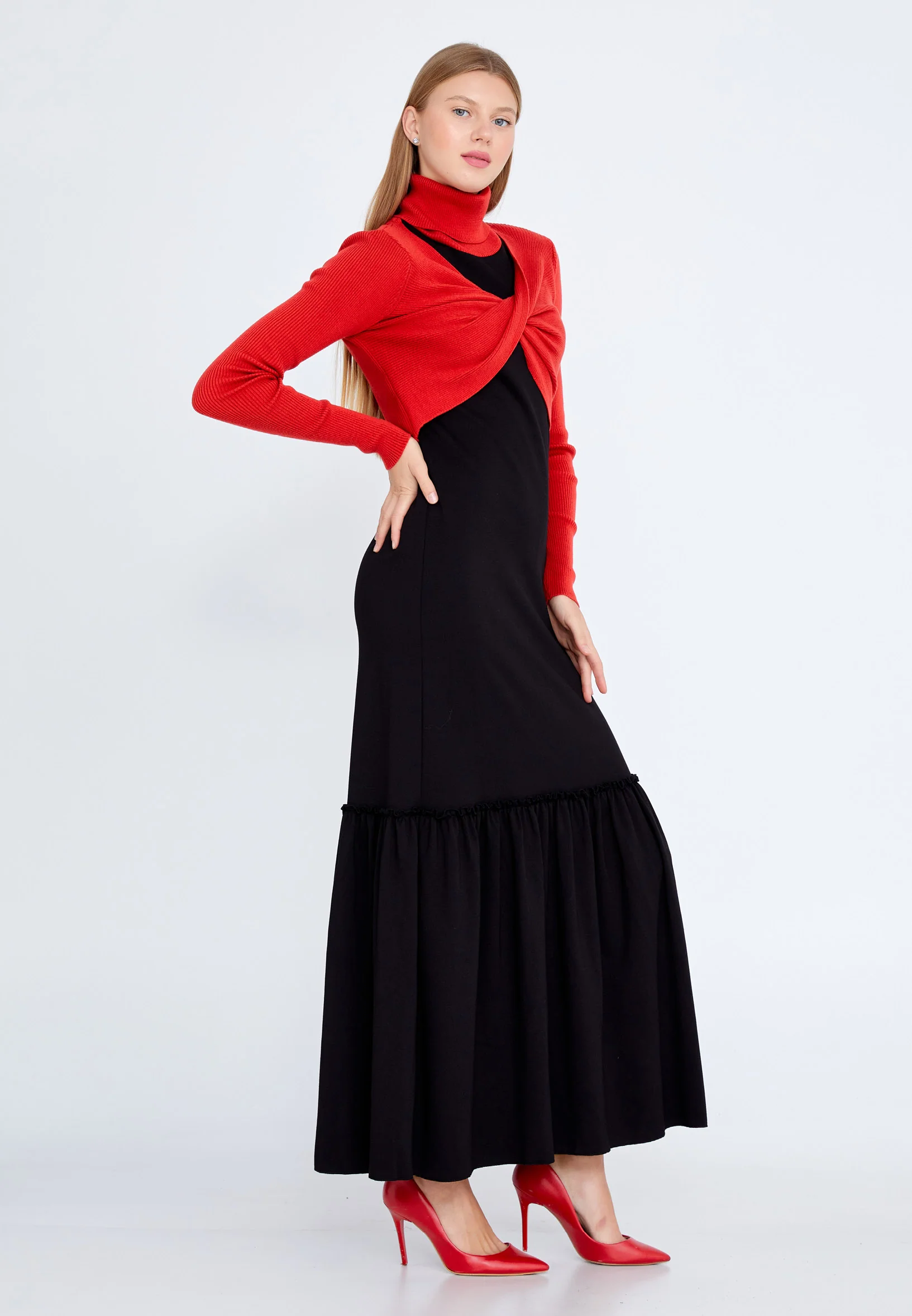 Long Sleeve Maxi Crepe Column Regular Casual Dress huk2308 - Image 7