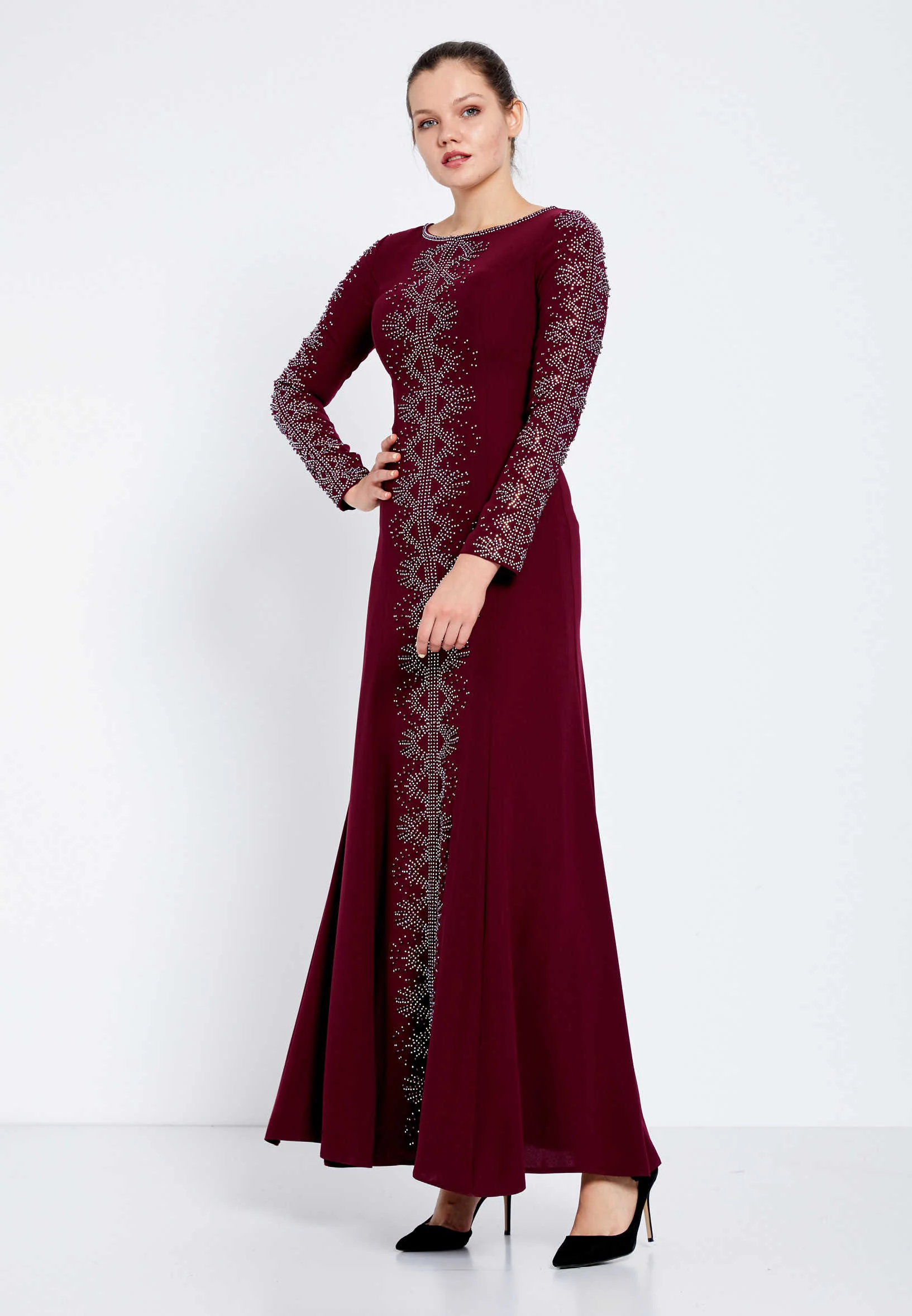 Long Sleeve Maxi Crepe Column Regular Evening Dress efl7281 - Image 3