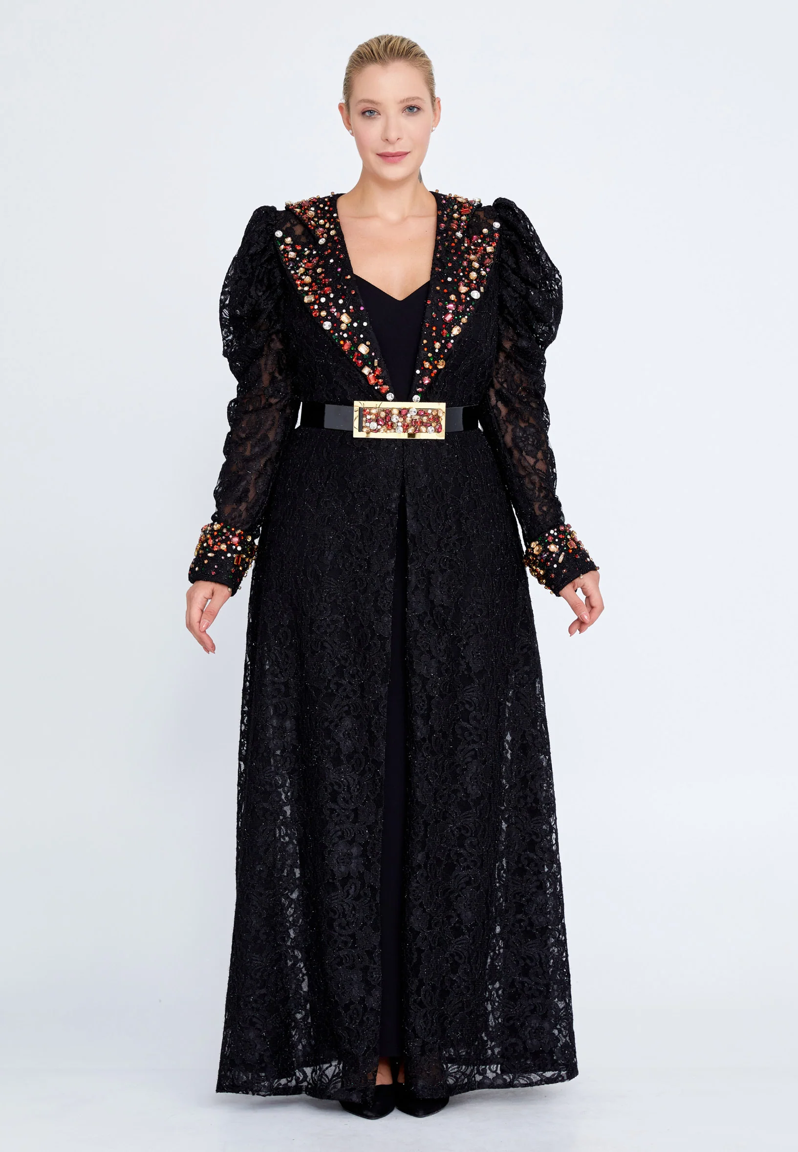 Long Sleeve Maxi Lace A - Line Plus Size Prom Dress crm5507-1