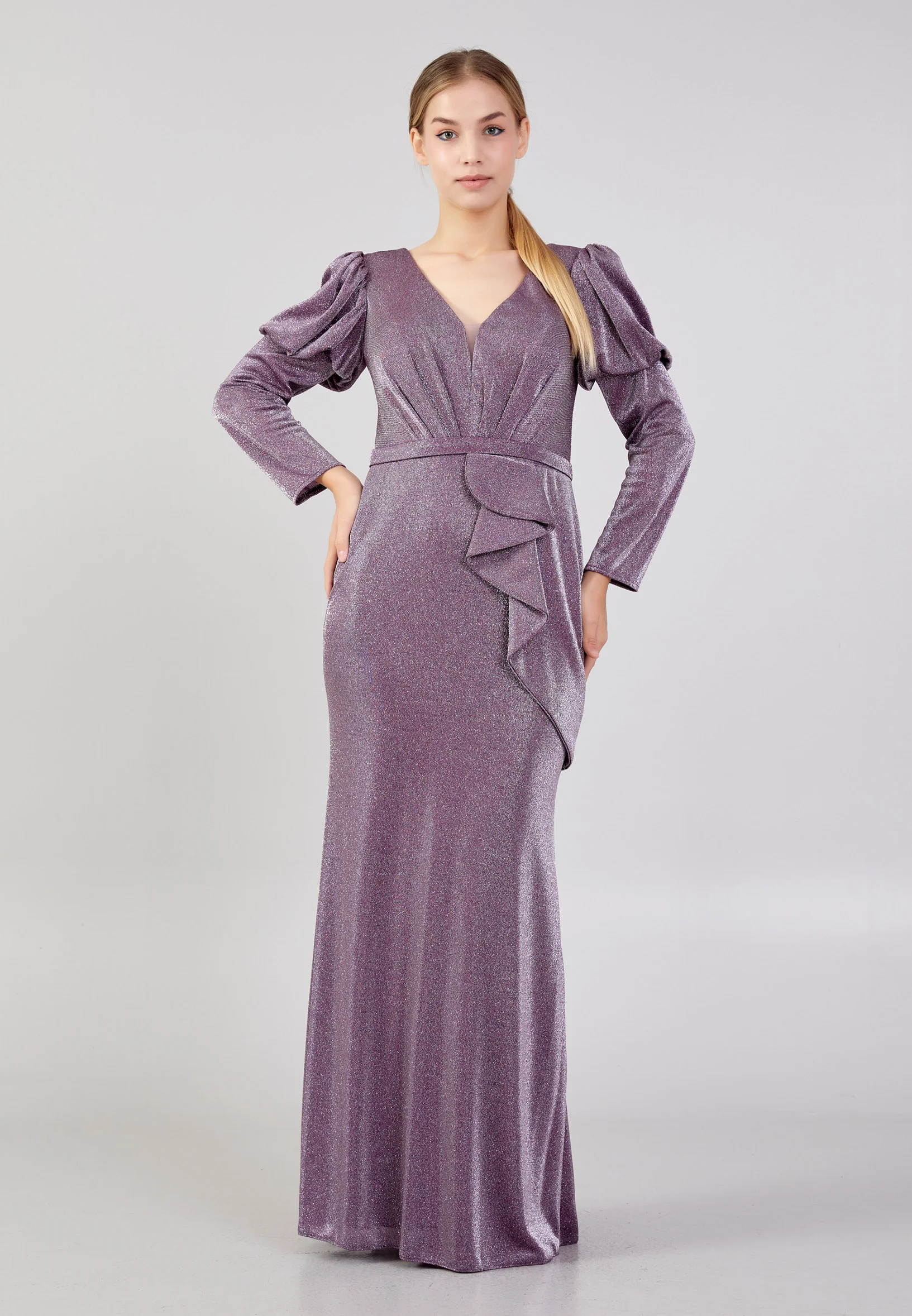 Long Sleeve Maxi Lycra Column Plus Size Evening Dress rmn3165-b - Image 14