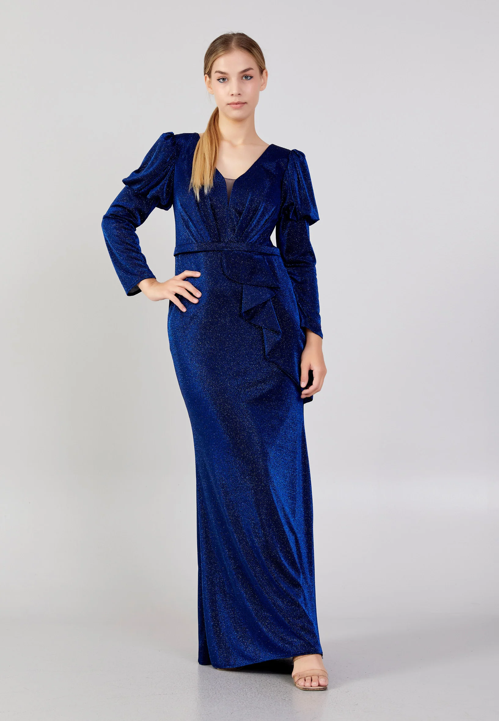 Long Sleeve Maxi Lycra Column Plus Size Evening Dress rmn3165-b - Image 17