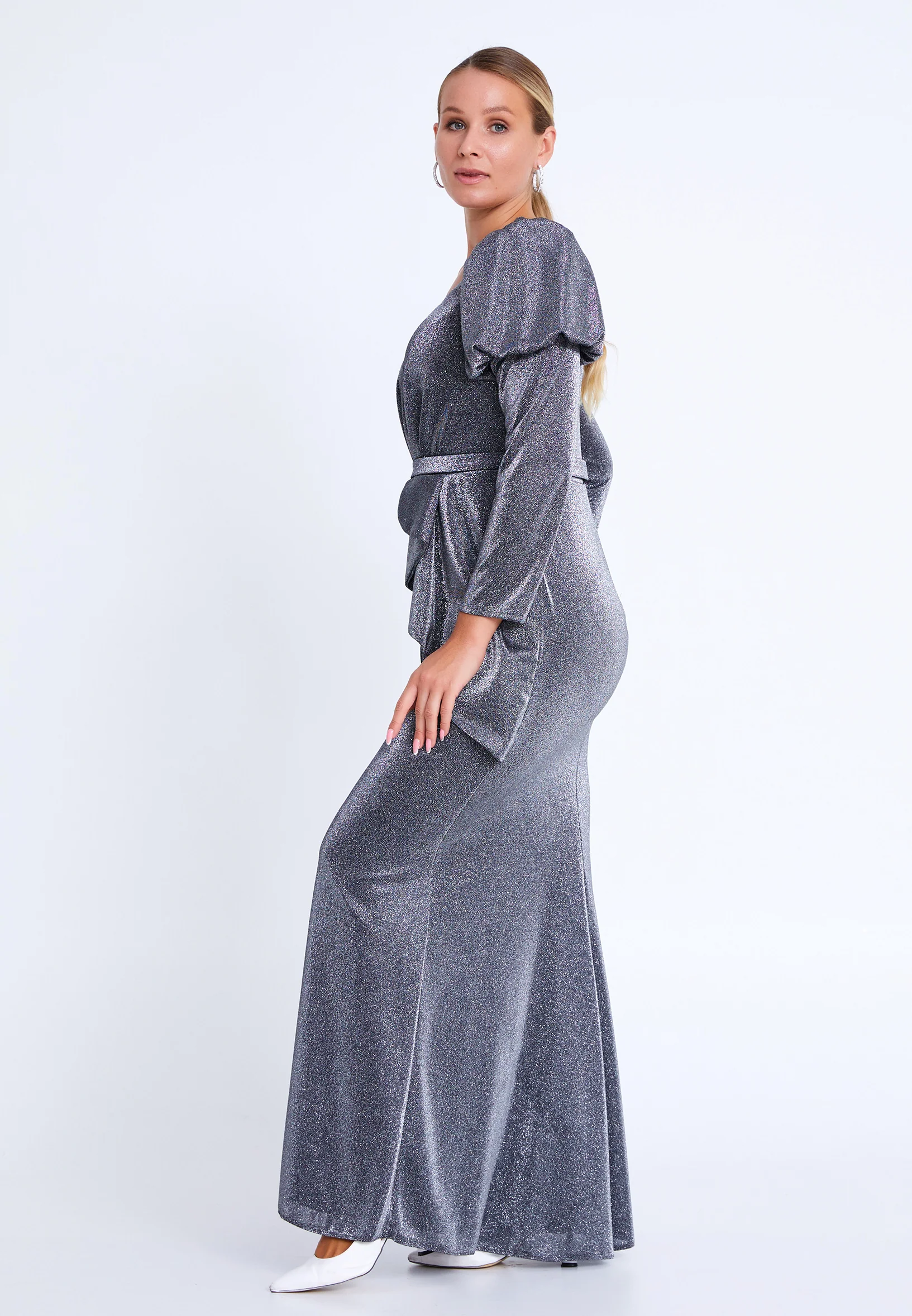 Long Sleeve Maxi Lycra Column Plus Size Evening Dress rmn3165-b - Image 3
