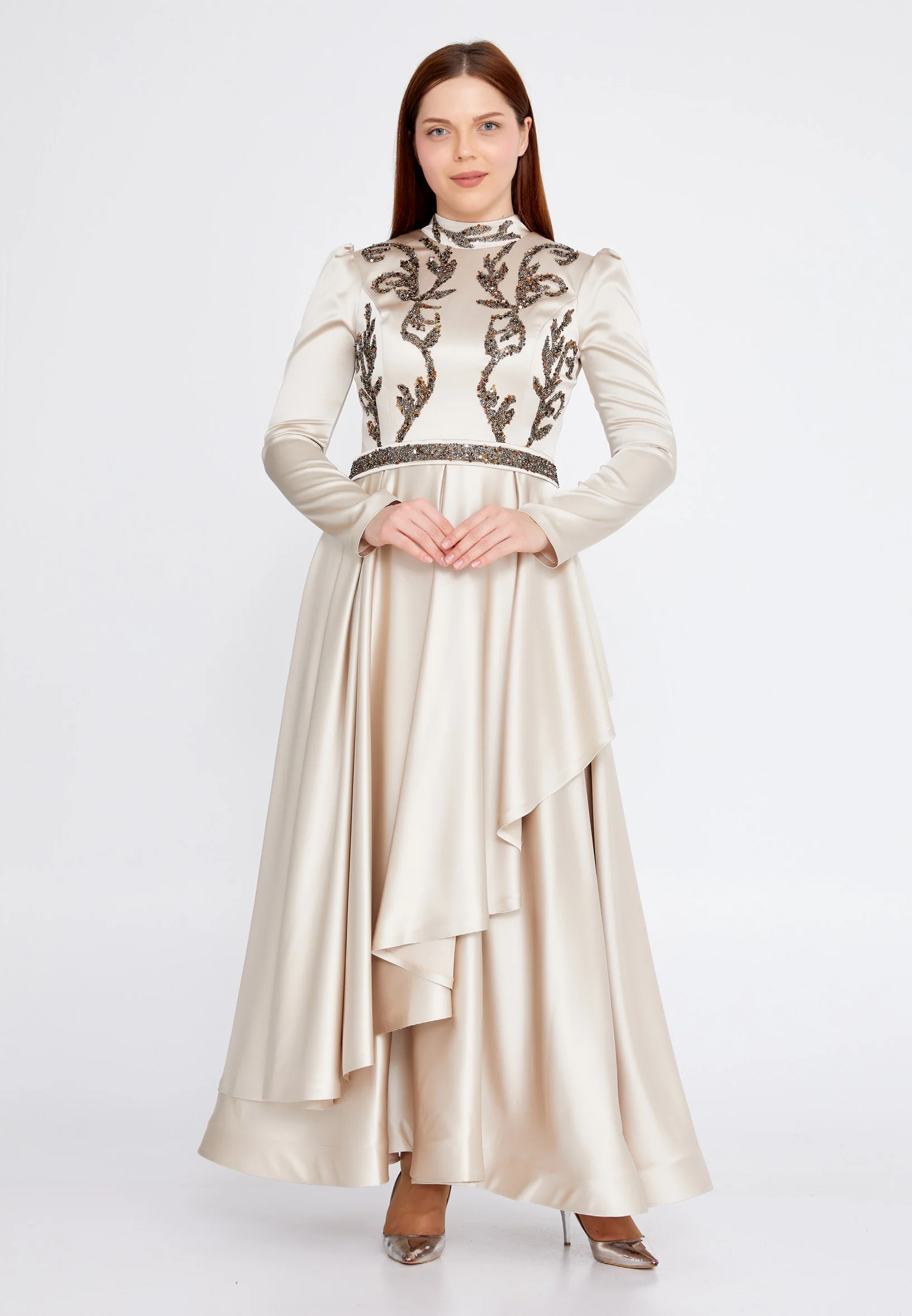 Long Sleeve Maxi Satin A - Line Plus Size Wedding Guest Dress gzk7005-1