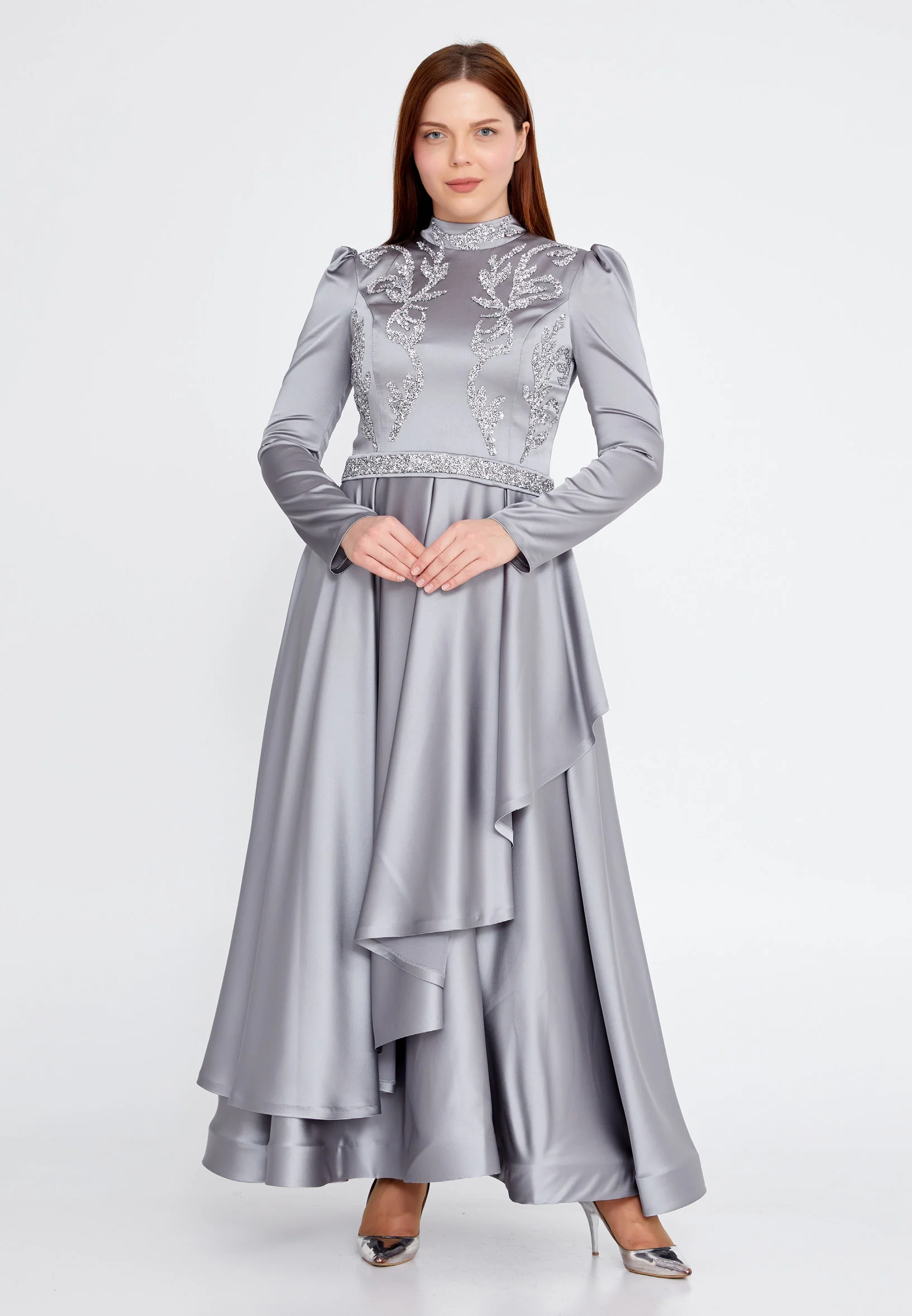 Long Sleeve Maxi Satin A - Line Plus Size Wedding Guest Dress gzk7005-1 - Image 5