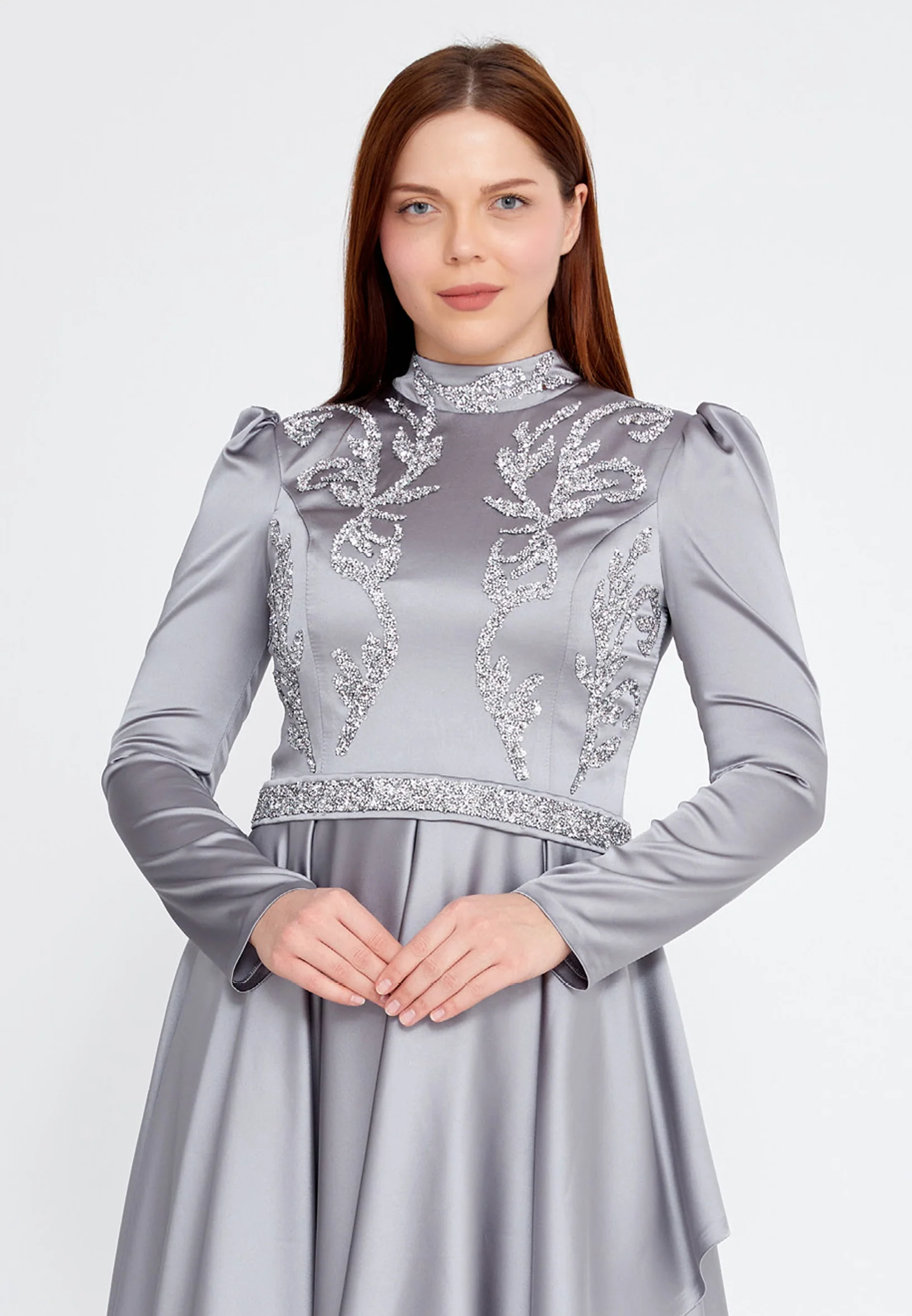Long Sleeve Maxi Satin A - Line Plus Size Wedding Guest Dress gzk7005-1 - Image 8