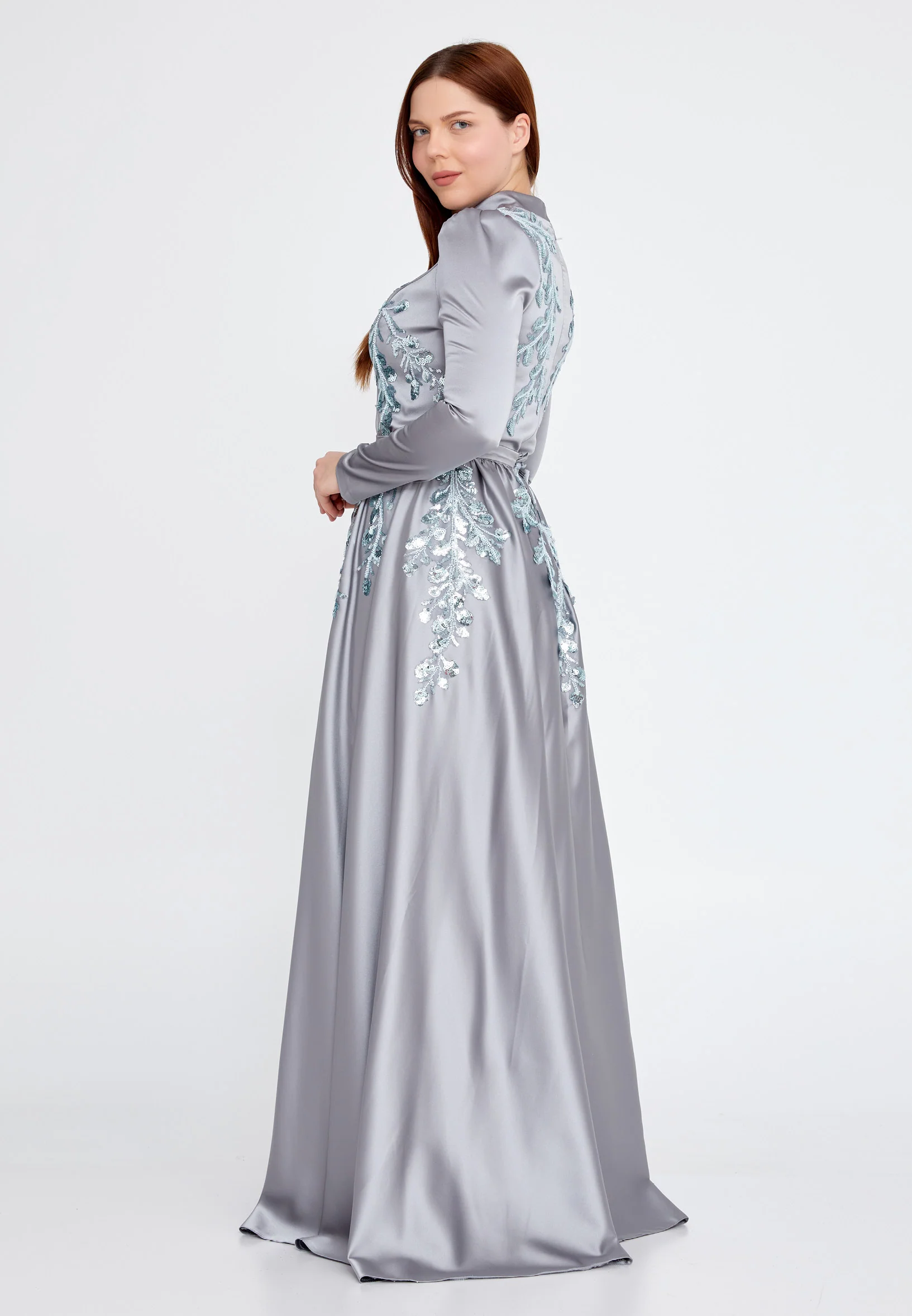 Long Sleeve Maxi Satin Column Plus Size Wedding Guest Dress eck9001-b - Image 3