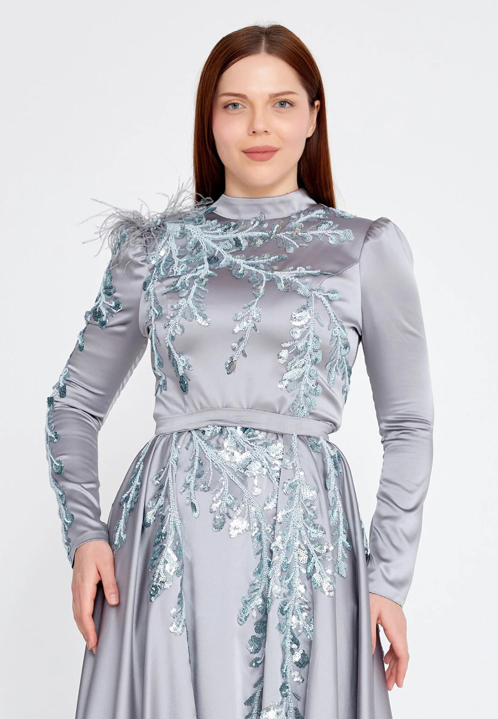 Long Sleeve Maxi Satin Column Plus Size Wedding Guest Dress eck9001-b - Image 4
