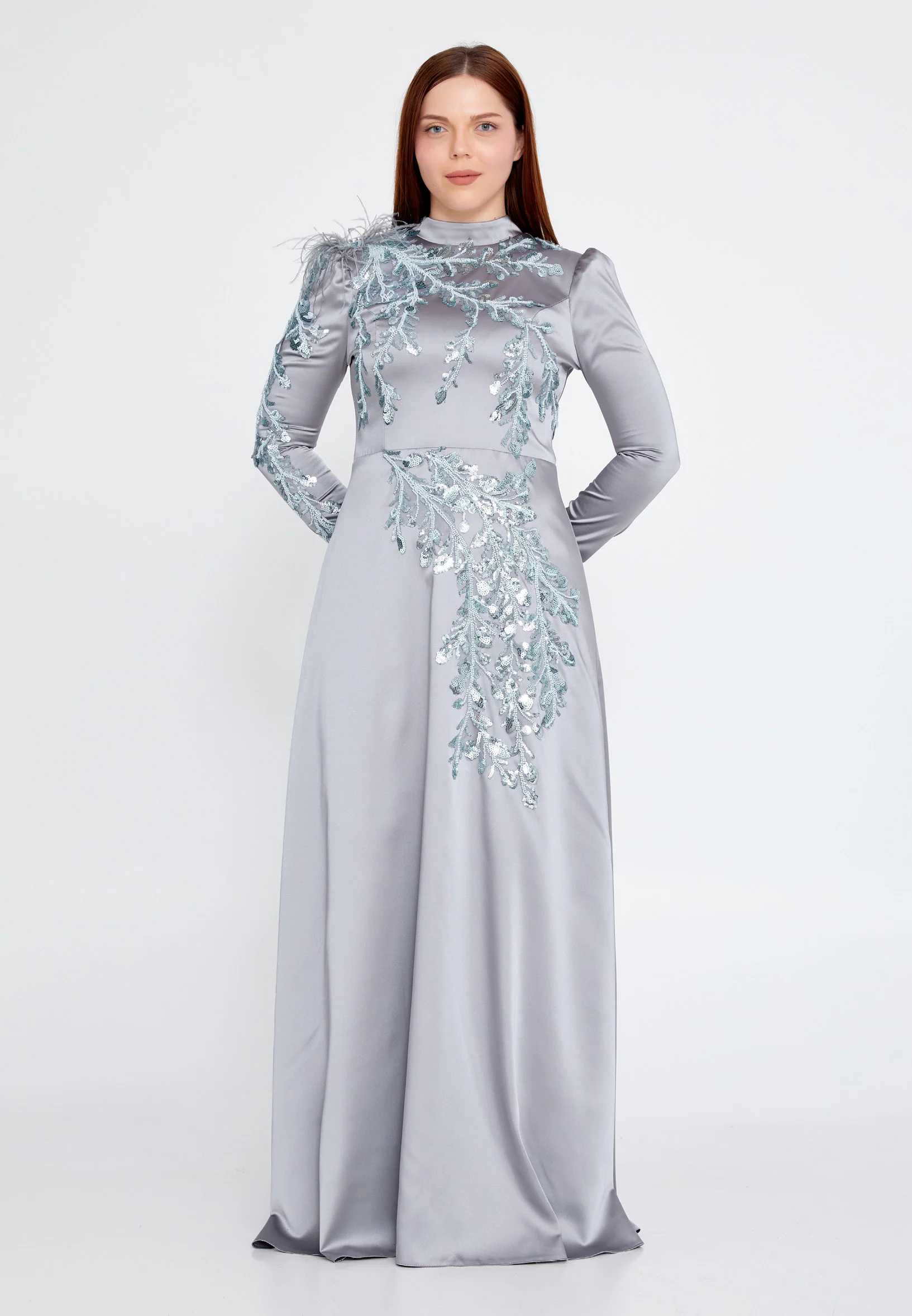 Long Sleeve Maxi Satin Column Plus Size Wedding Guest Dress eck9001-b - Image 5