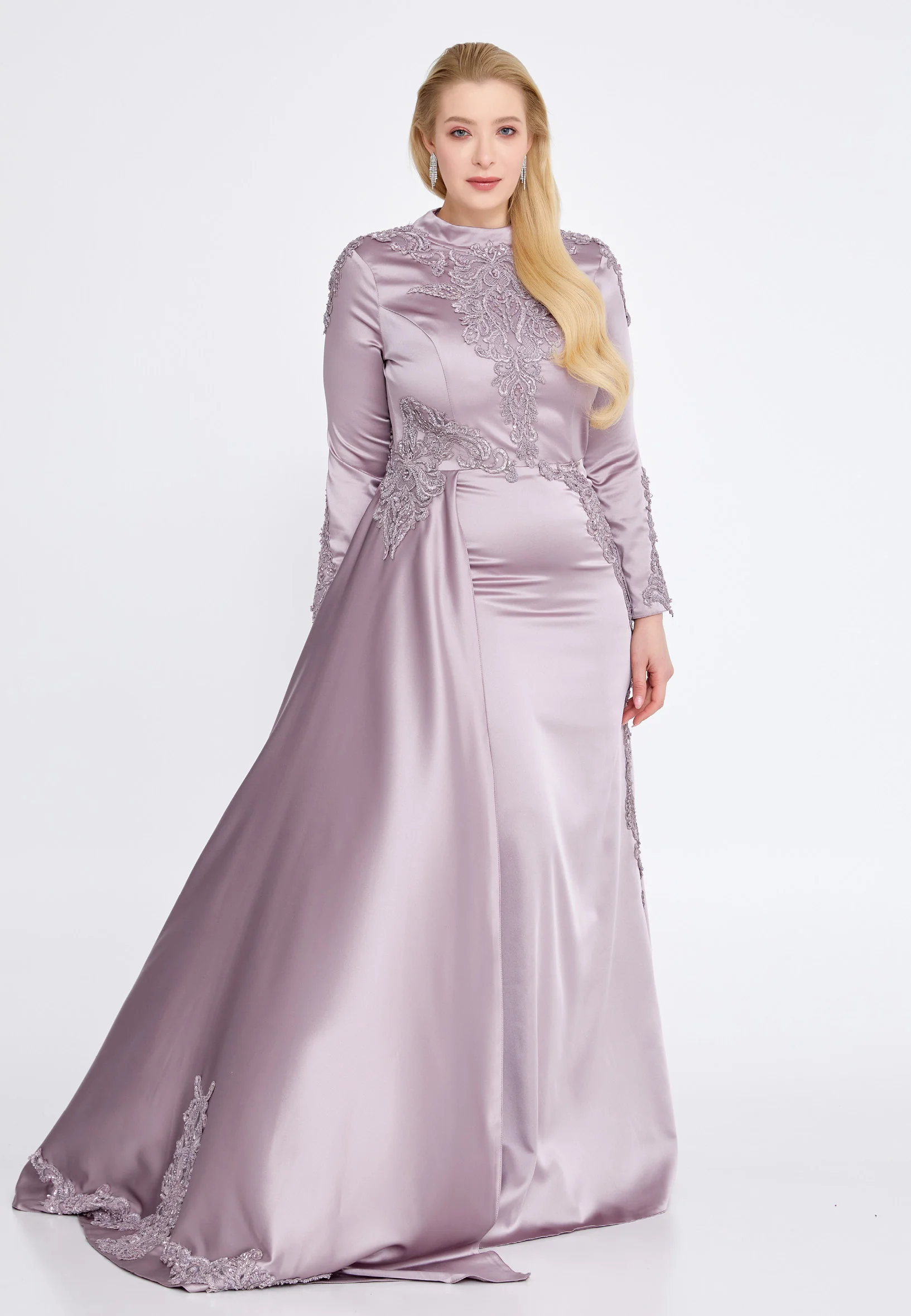 Long Sleeve Maxi Satin Column Plus Size Wedding Guest Dress eck9006-1