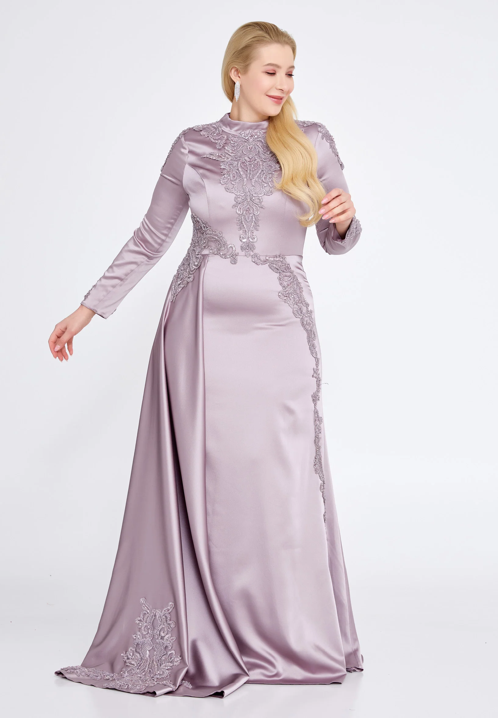 Long Sleeve Maxi Satin Column Plus Size Wedding Guest Dress eck9006-1 - Image 3