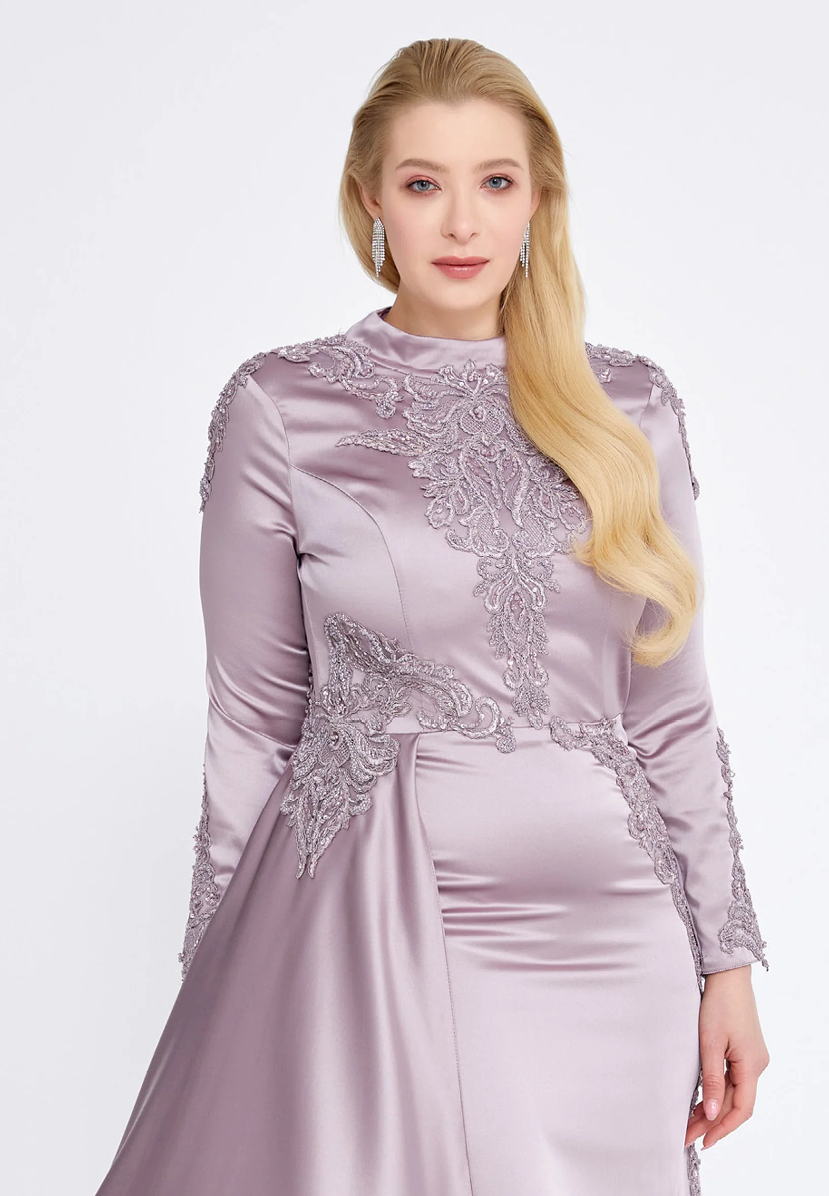 Long Sleeve Maxi Satin Column Plus Size Wedding Guest Dress eck9006-1 - Image 4