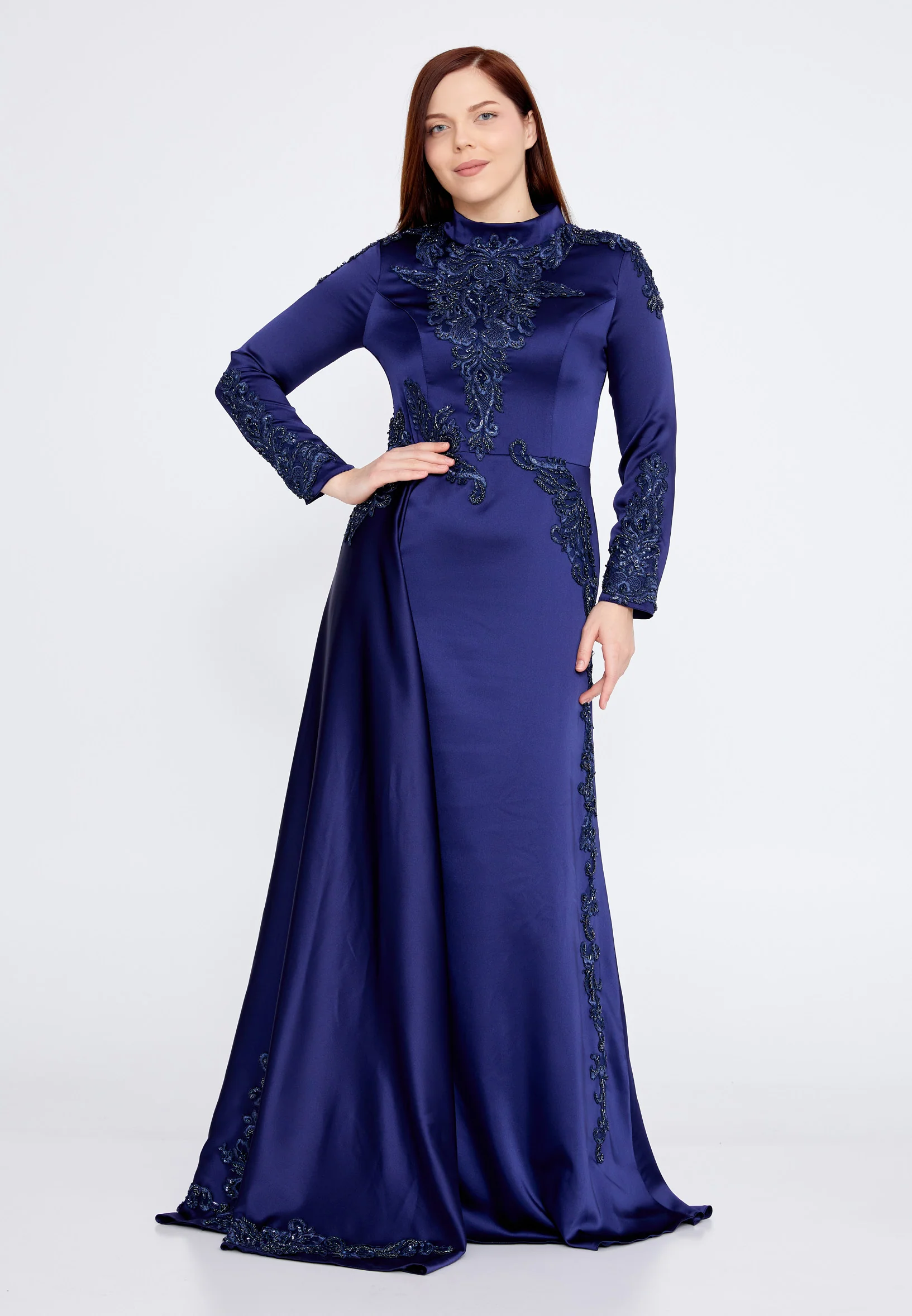 Long Sleeve Maxi Satin Column Plus Size Wedding Guest Dress eck9006-1 - Image 5