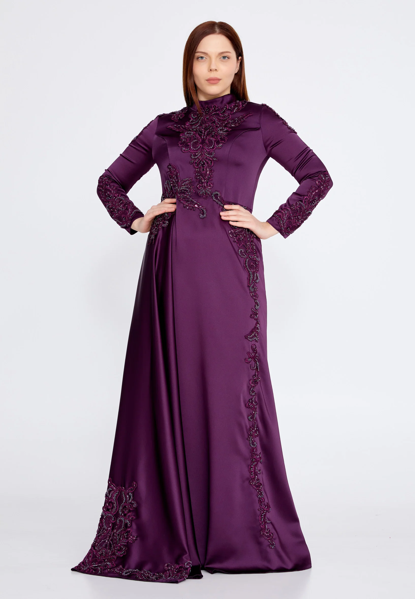 Long Sleeve Maxi Satin Column Plus Size Wedding Guest Dress eck9006-1 - Image 9