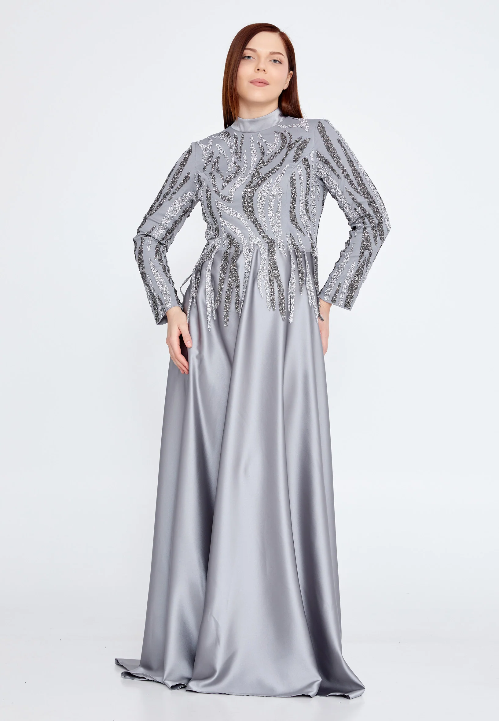 Long Sleeve Maxi Satin Column Plus Size Wedding Guest Dress gzk1004-1 - Image 5
