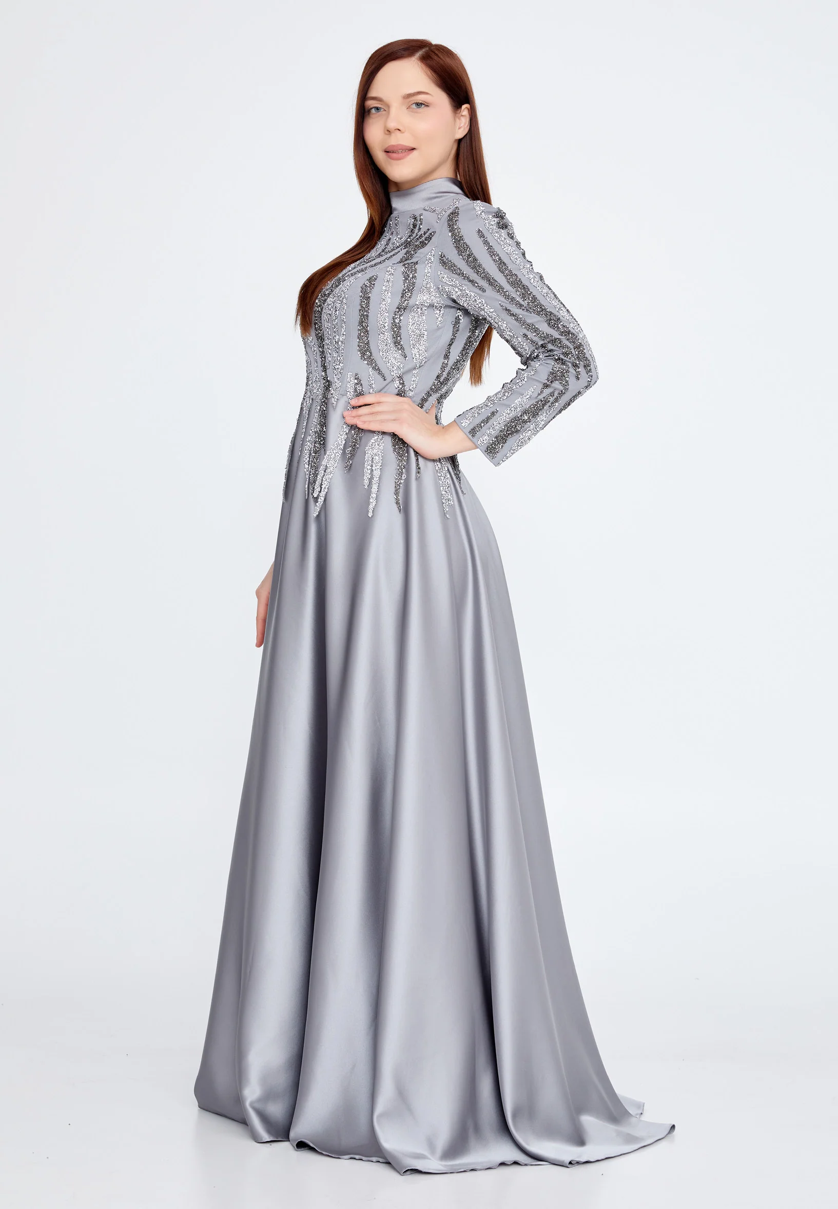 Long Sleeve Maxi Satin Column Plus Size Wedding Guest Dress gzk1004-1 - Image 7