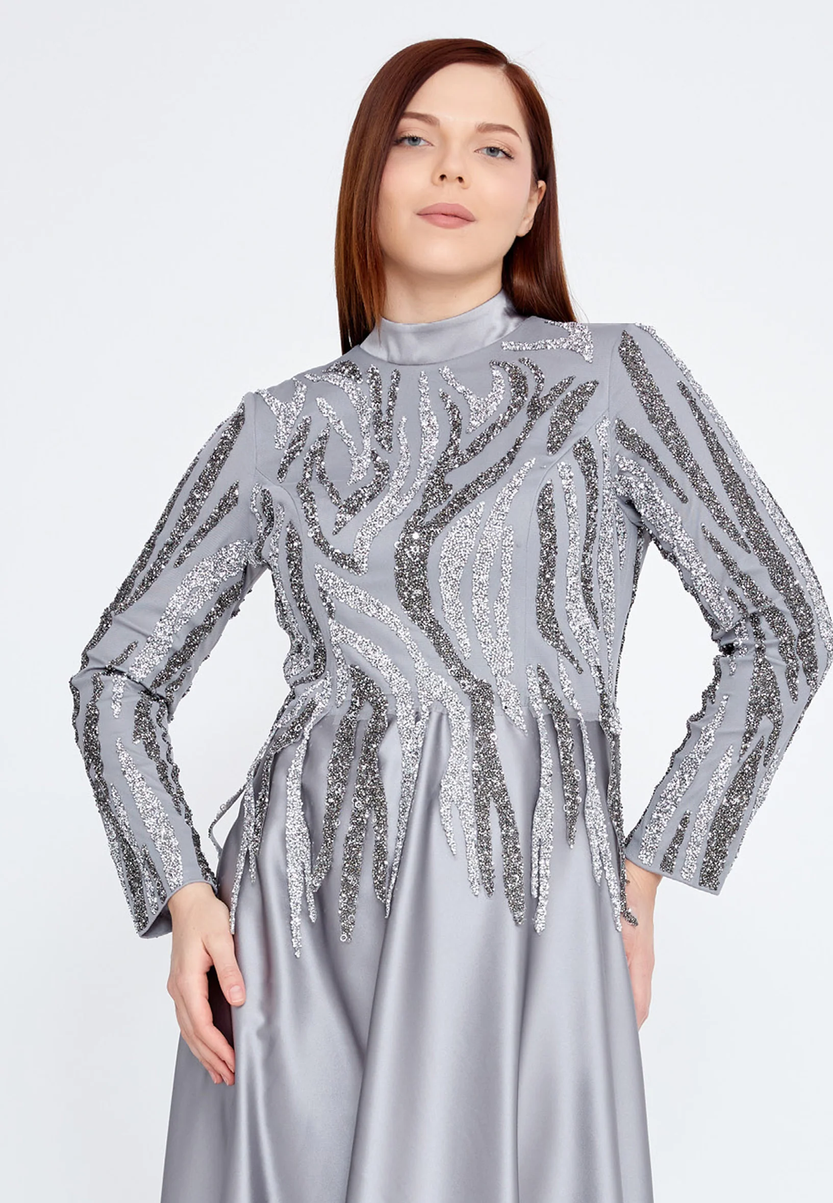 Long Sleeve Maxi Satin Column Plus Size Wedding Guest Dress gzk1004-1 - Image 8