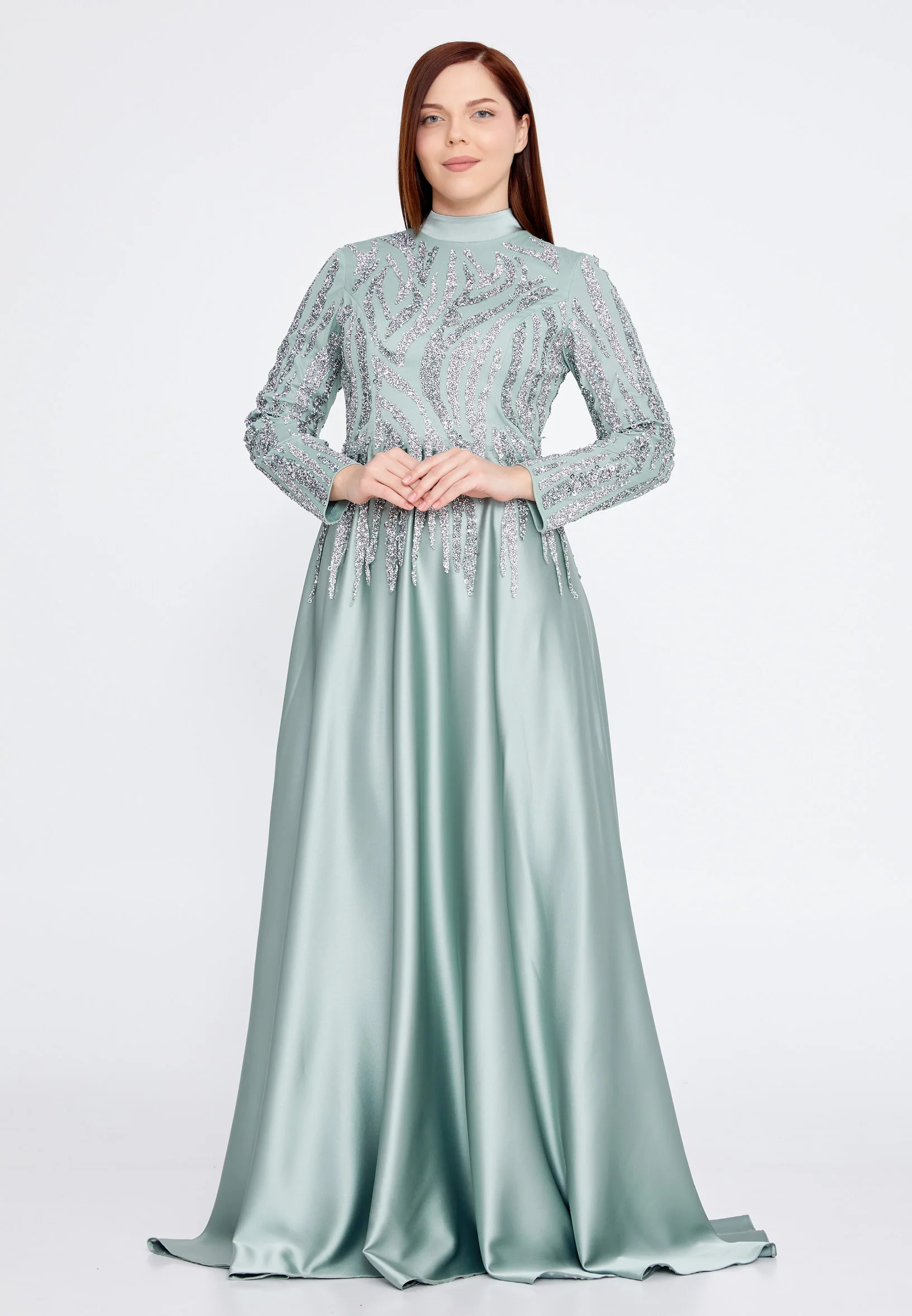Long Sleeve Maxi Satin Column Plus Size Wedding Guest Dress gzk1004-1 - Image 9